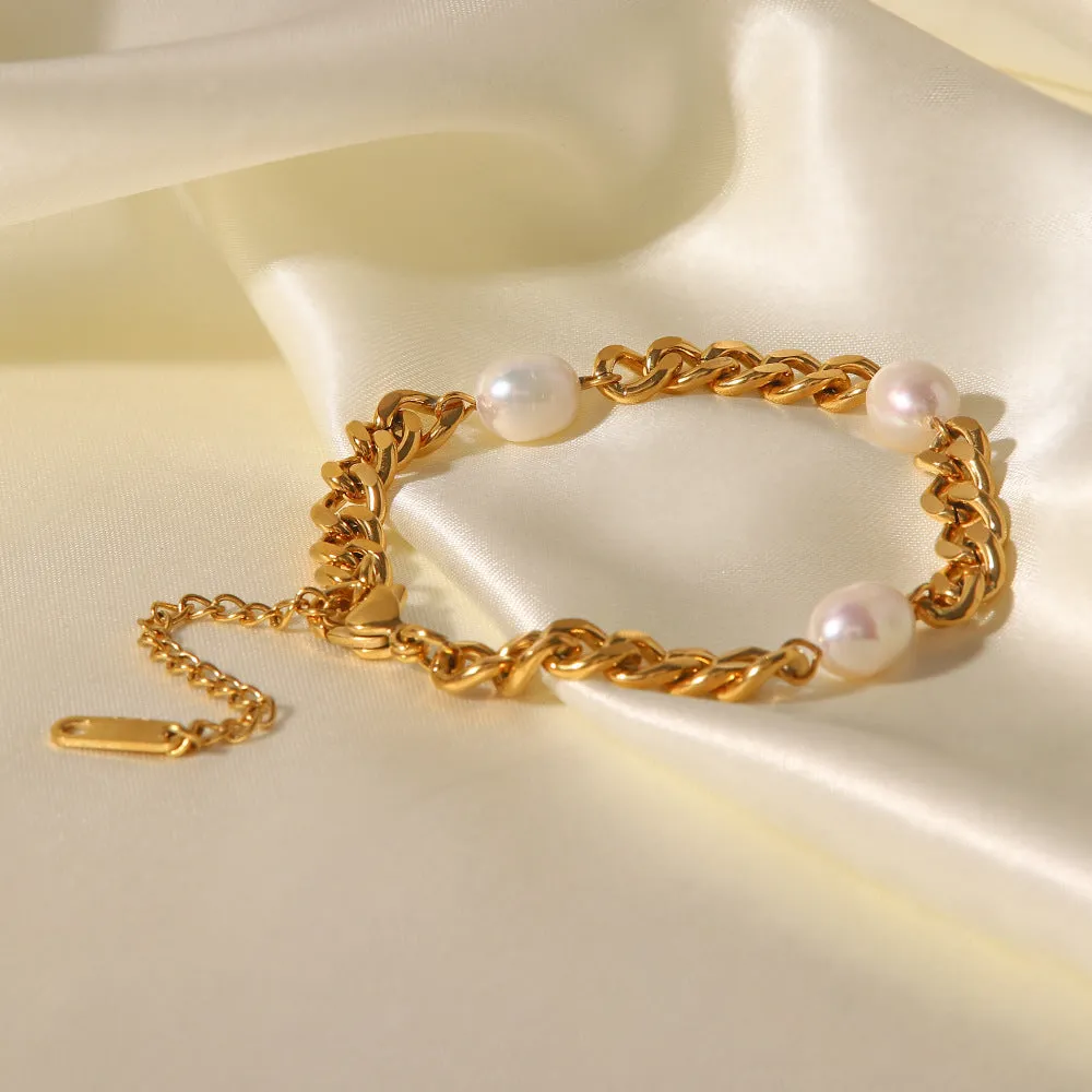 18K Gold Inlaid Three Pearls Fashion Simple Bracelet