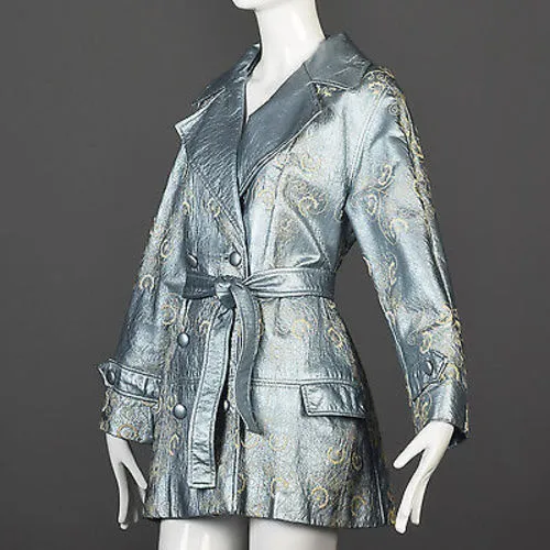 1960s Lilli Ann Metallic Blue Belted Trench Coat