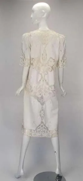 1970s White Linen and Lace Short Sleeve Day Dress