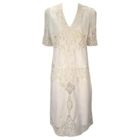 1970s White Linen and Lace Short Sleeve Day Dress