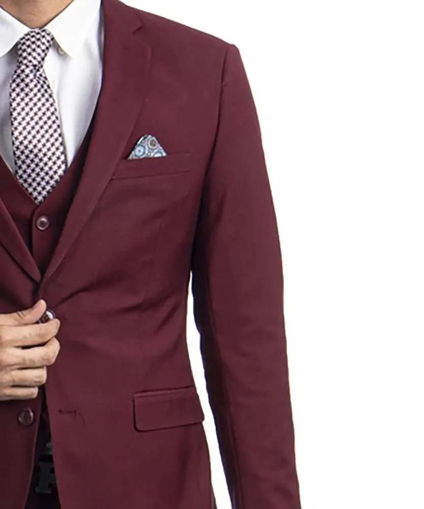 3 piece Burgundy Slim Fit Men's Suit with Vest Set