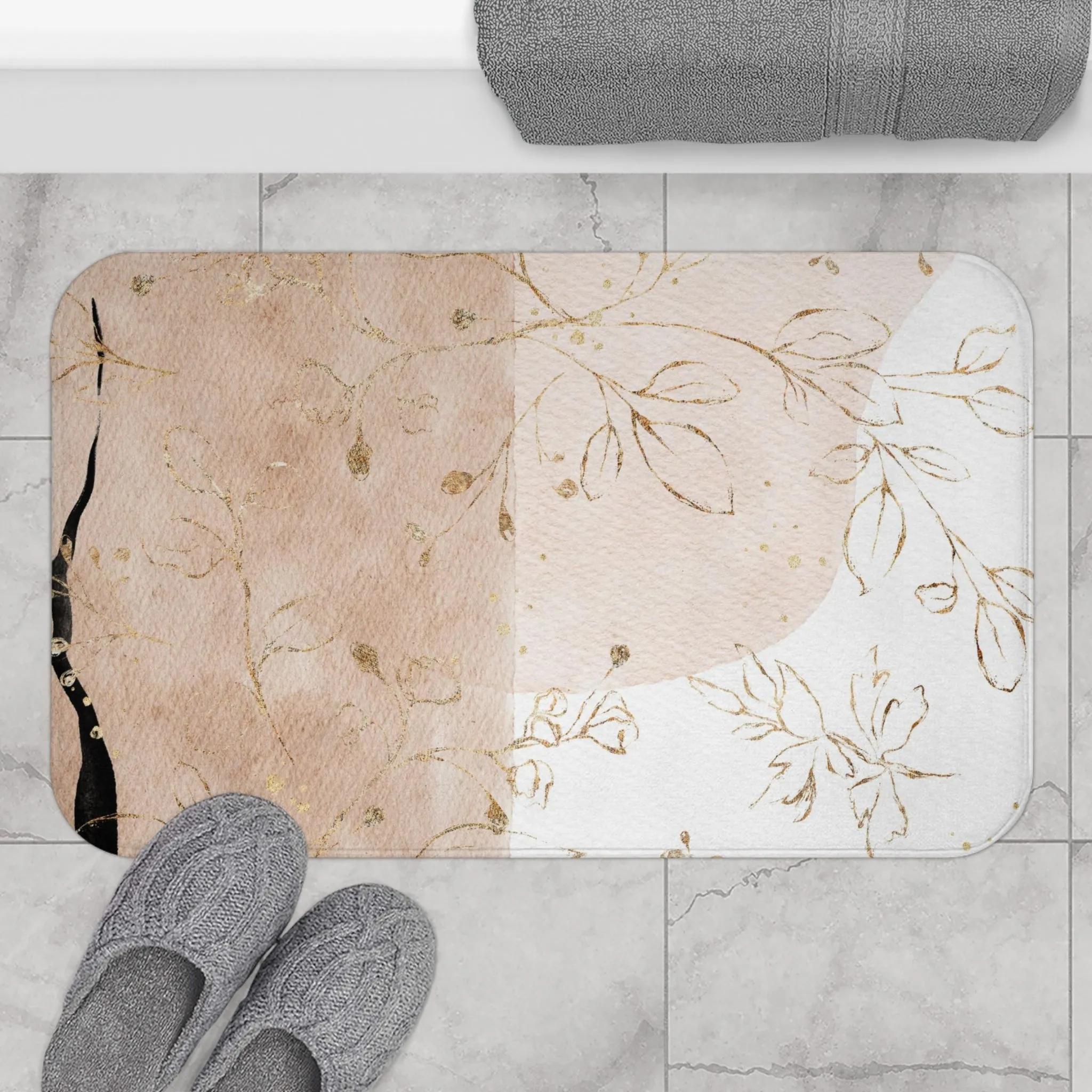 Abstract Bath, Kitchen Mat, Rug | Beige White Gold Floral Ombre