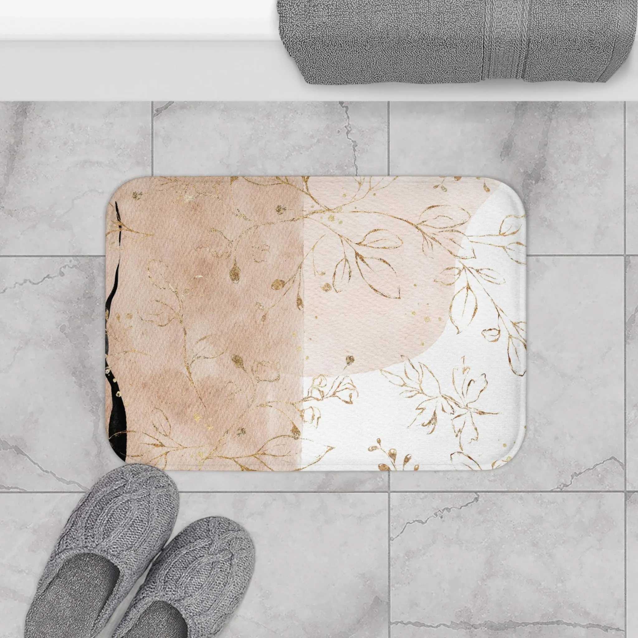 Abstract Bath, Kitchen Mat, Rug | Beige White Gold Floral Ombre