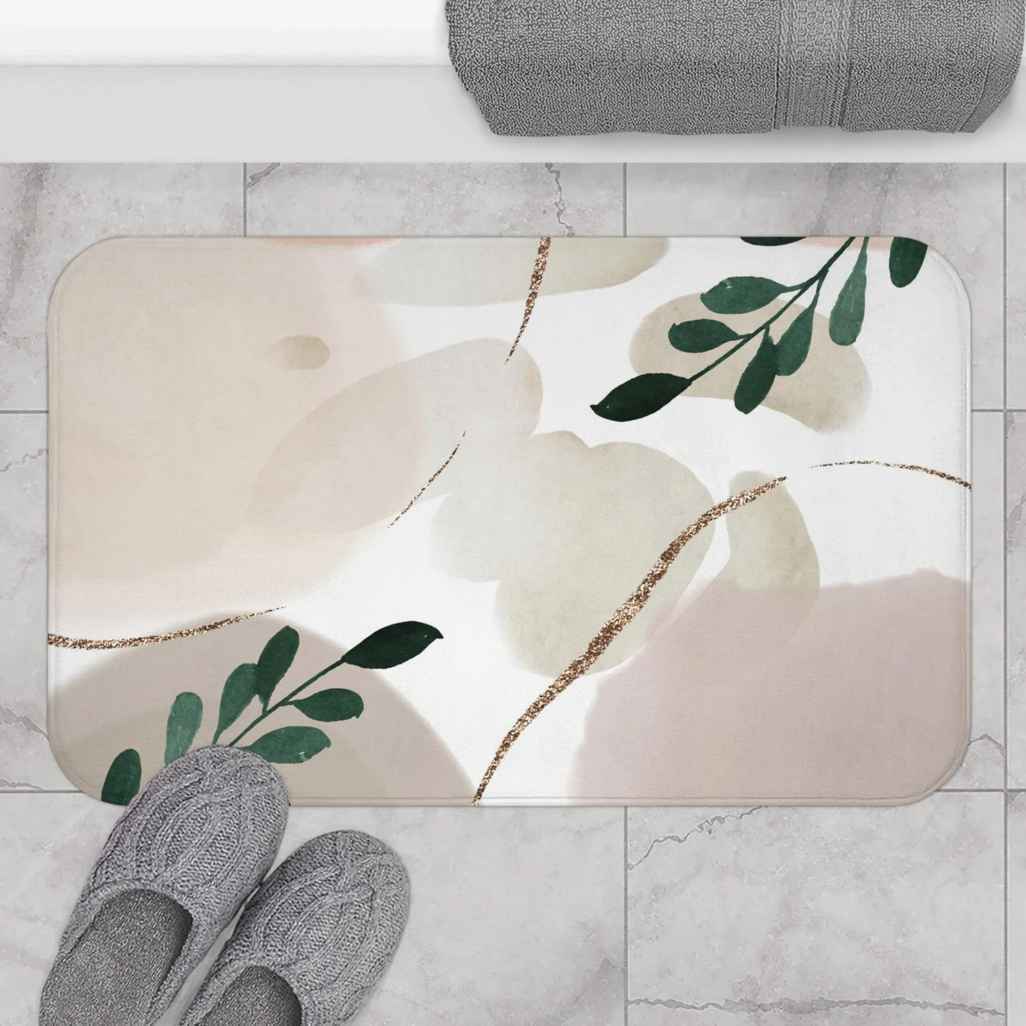 Abstract Bath, Kitchen Mat, Rug | Blush Beige, Green Leaves