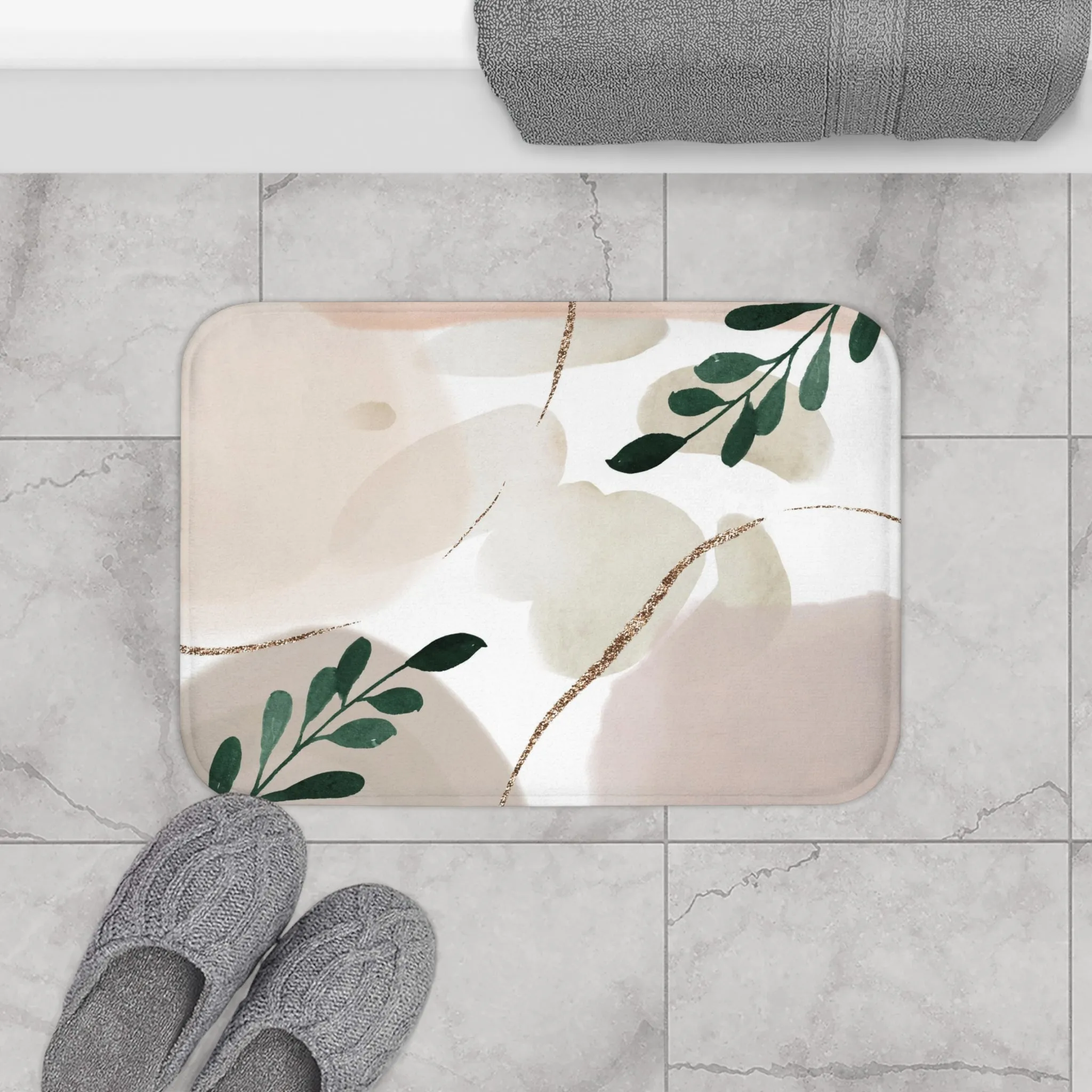 Abstract Bath, Kitchen Mat, Rug | Blush Beige, Green Leaves