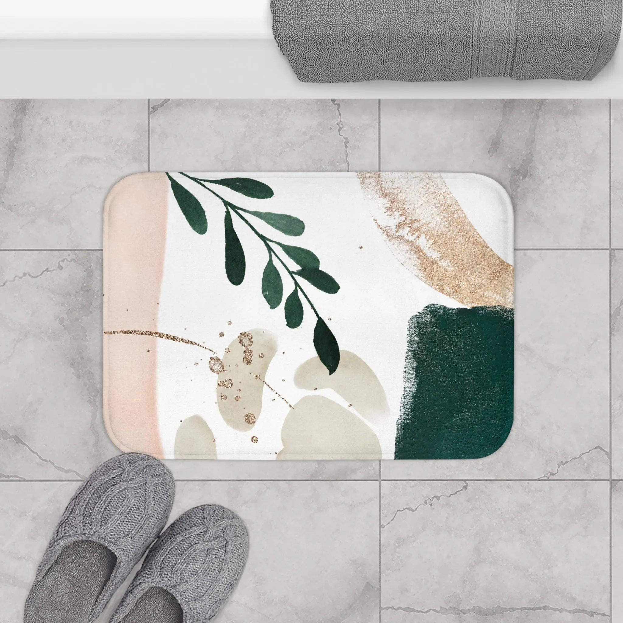 Abstract Bath, Kitchen Mat, Rug | Blush Pink, Beige Ivory, Emerald Green