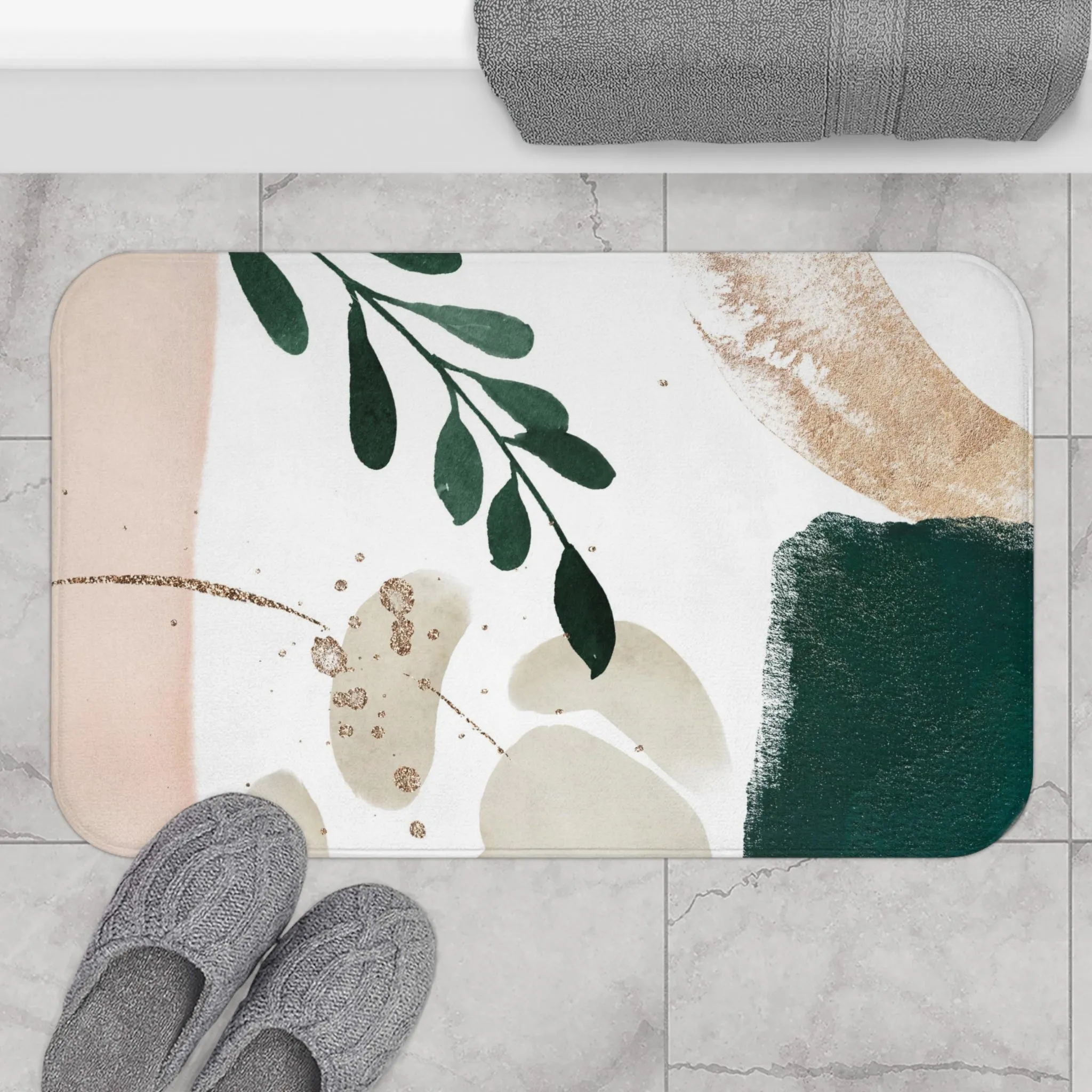 Abstract Bath, Kitchen Mat, Rug | Blush Pink, Beige Ivory, Emerald Green