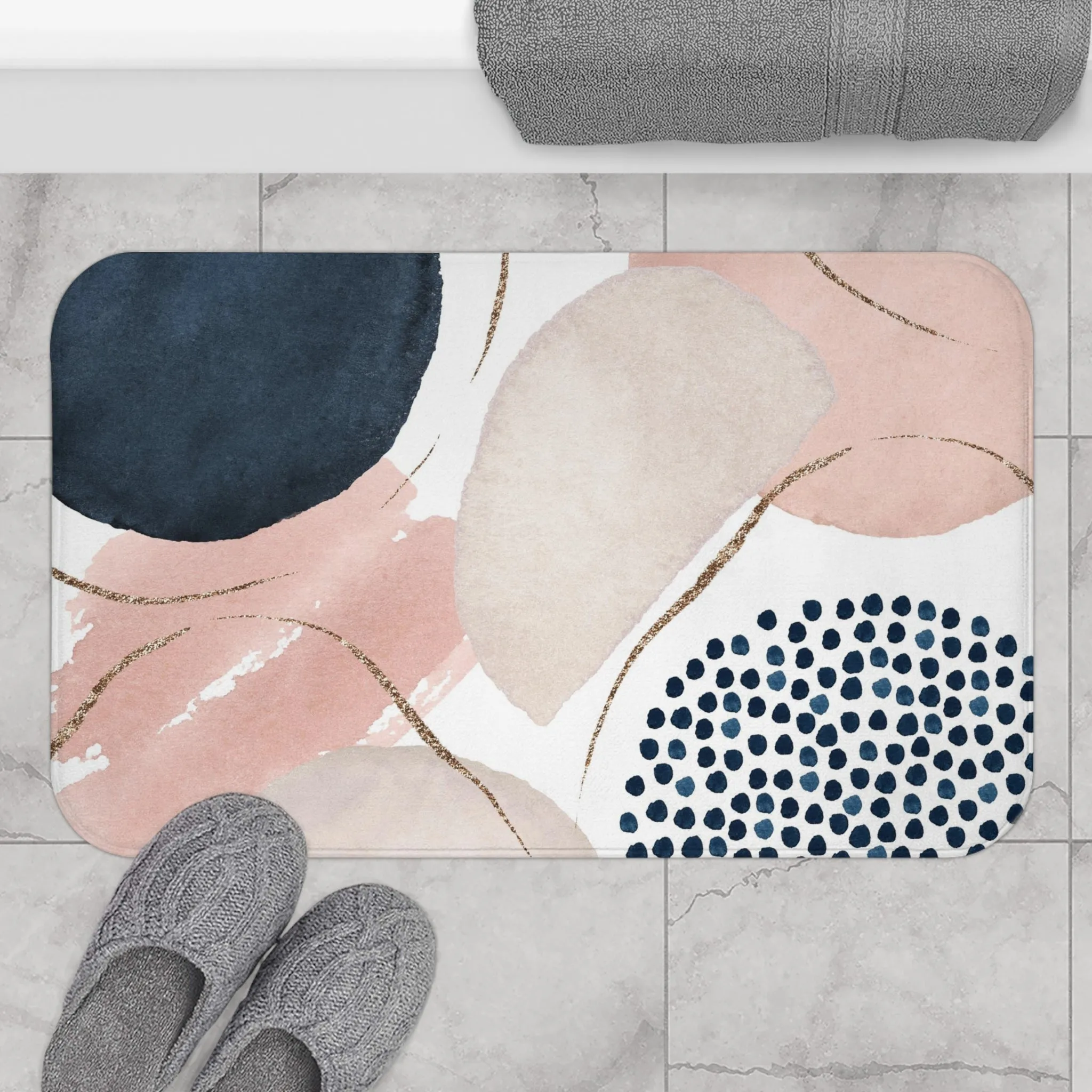 Abstract Bath, Kitchen Mat, Rug | Blush Pink, Beige Ivory, Navy Blue