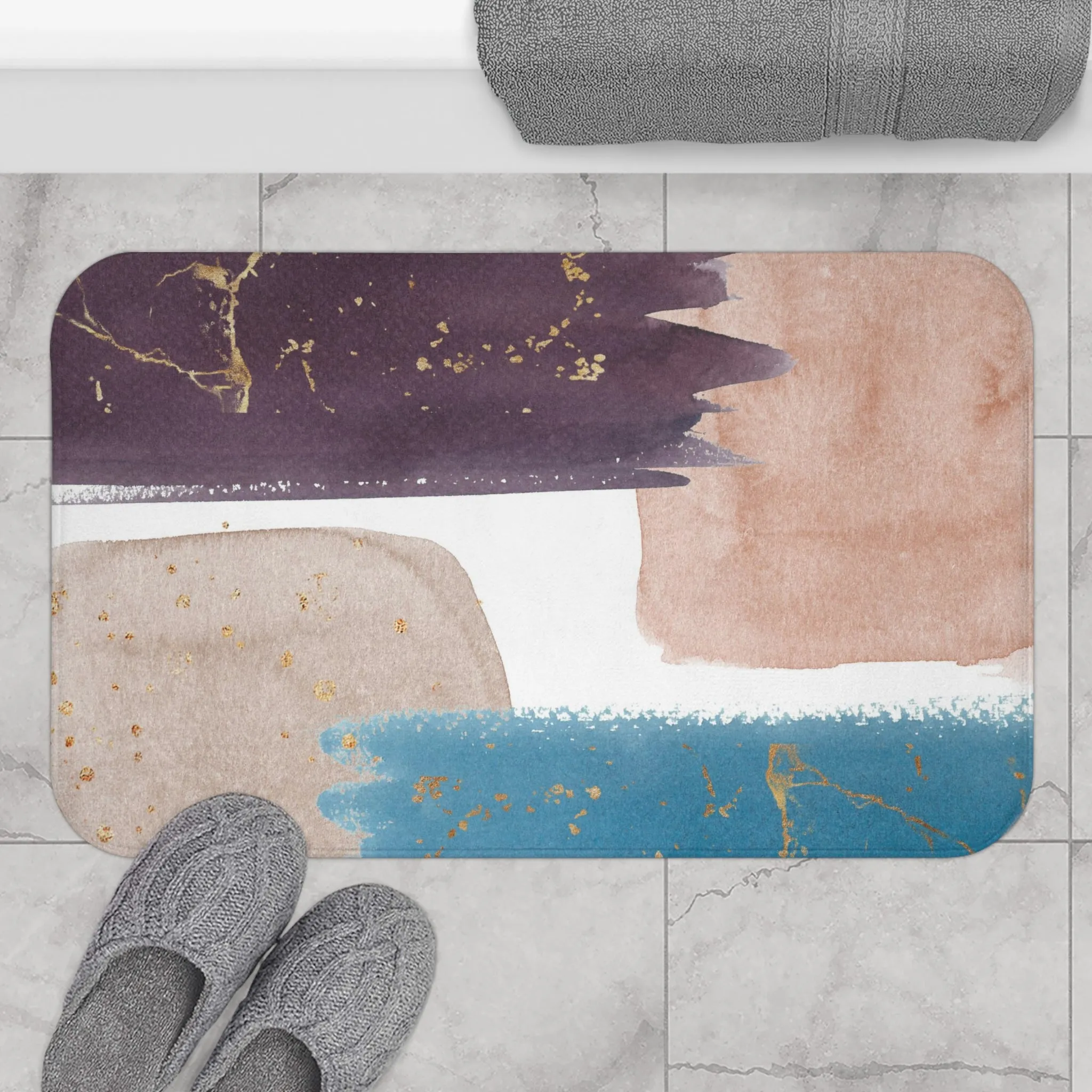 Abstract Bath, Kitchen Mat, Rug | Mauve Purple, Blue Beige