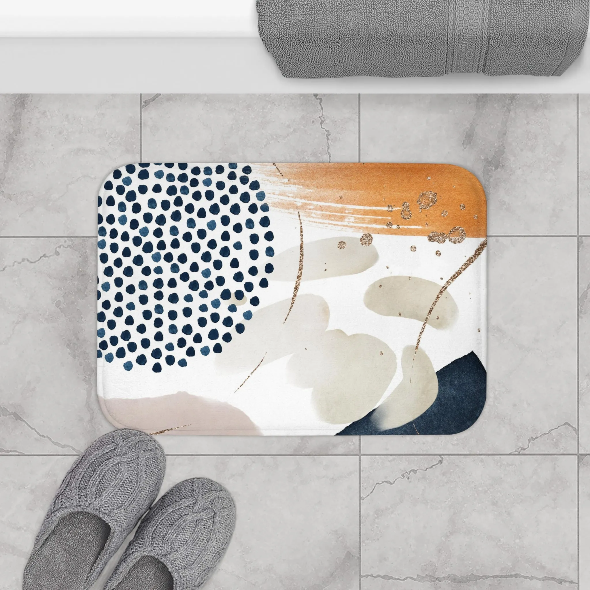 Abstract Bath, Kitchen Mat, Rug | Navy Blue, Blush Beige Ivory