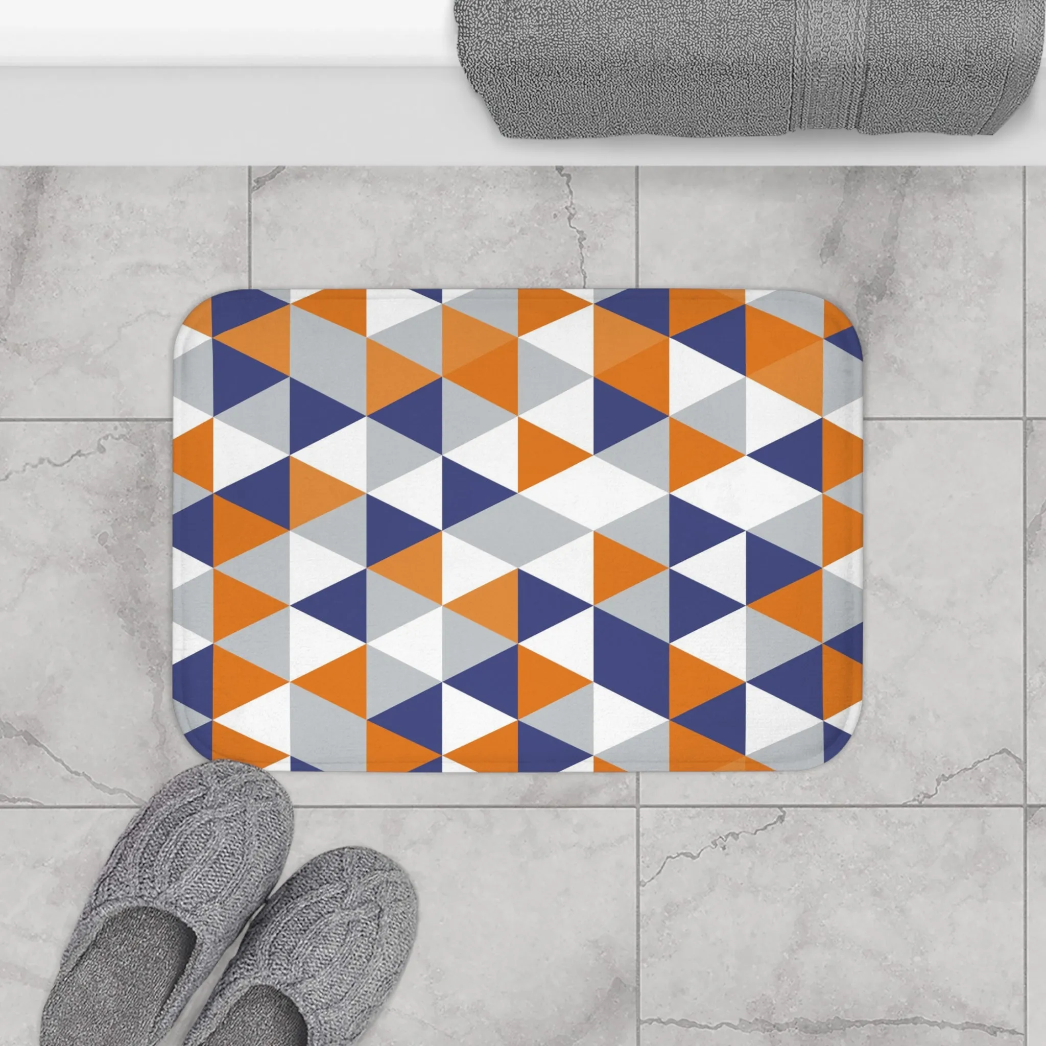 Abstract Bath, Kitchen Mat, Rug | Orange Blue Gray White Geometric