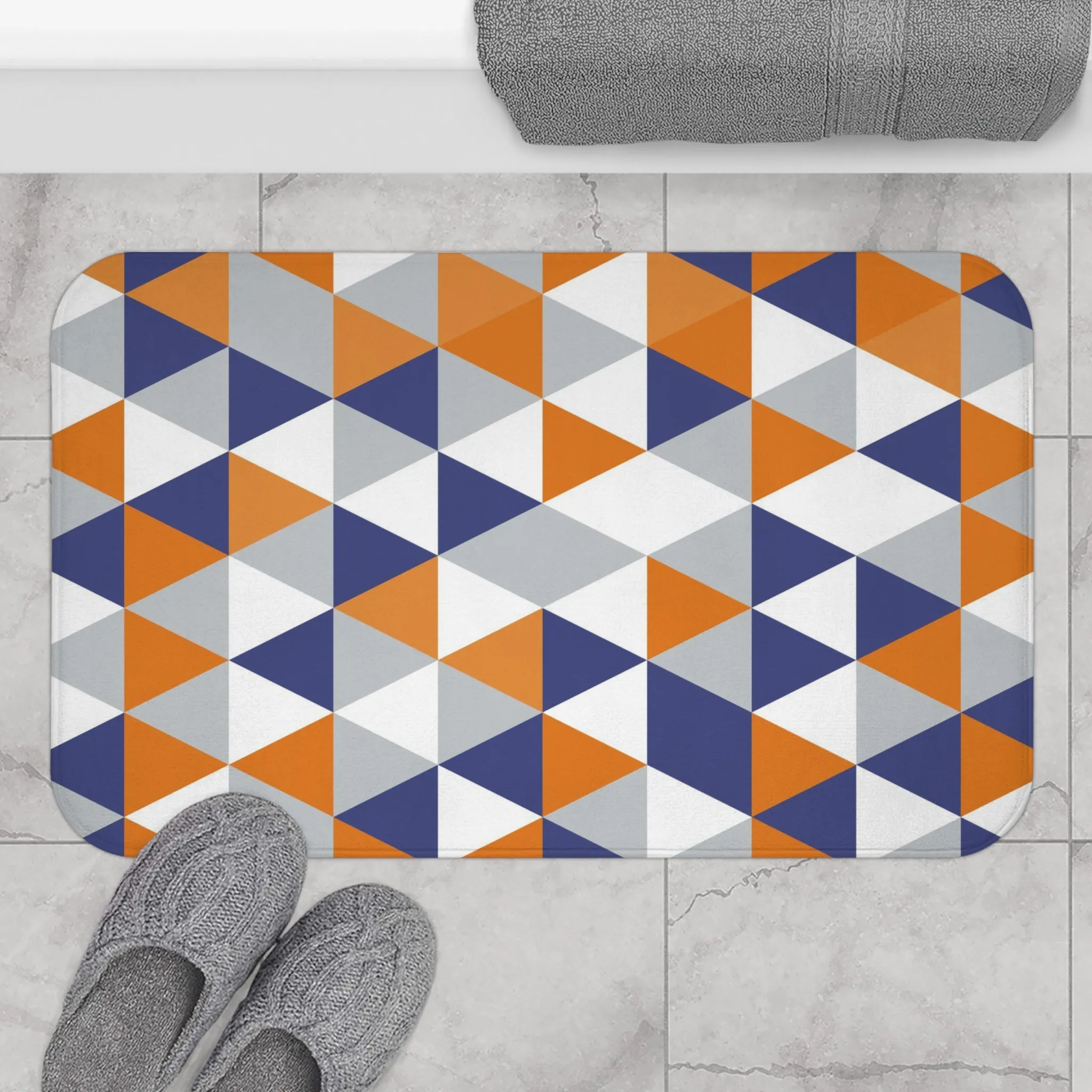 Abstract Bath, Kitchen Mat, Rug | Orange Blue Gray White Geometric