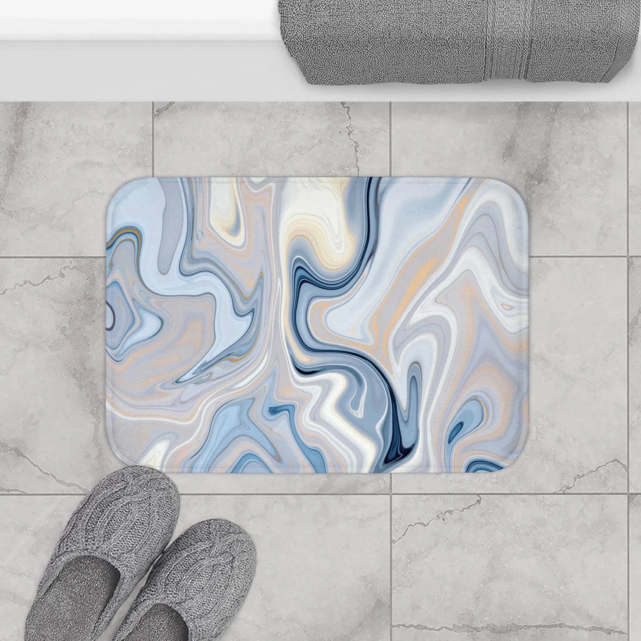 Abstract Boho Bath, Kitchen Mat, Rug | Blue Beige Marble Print