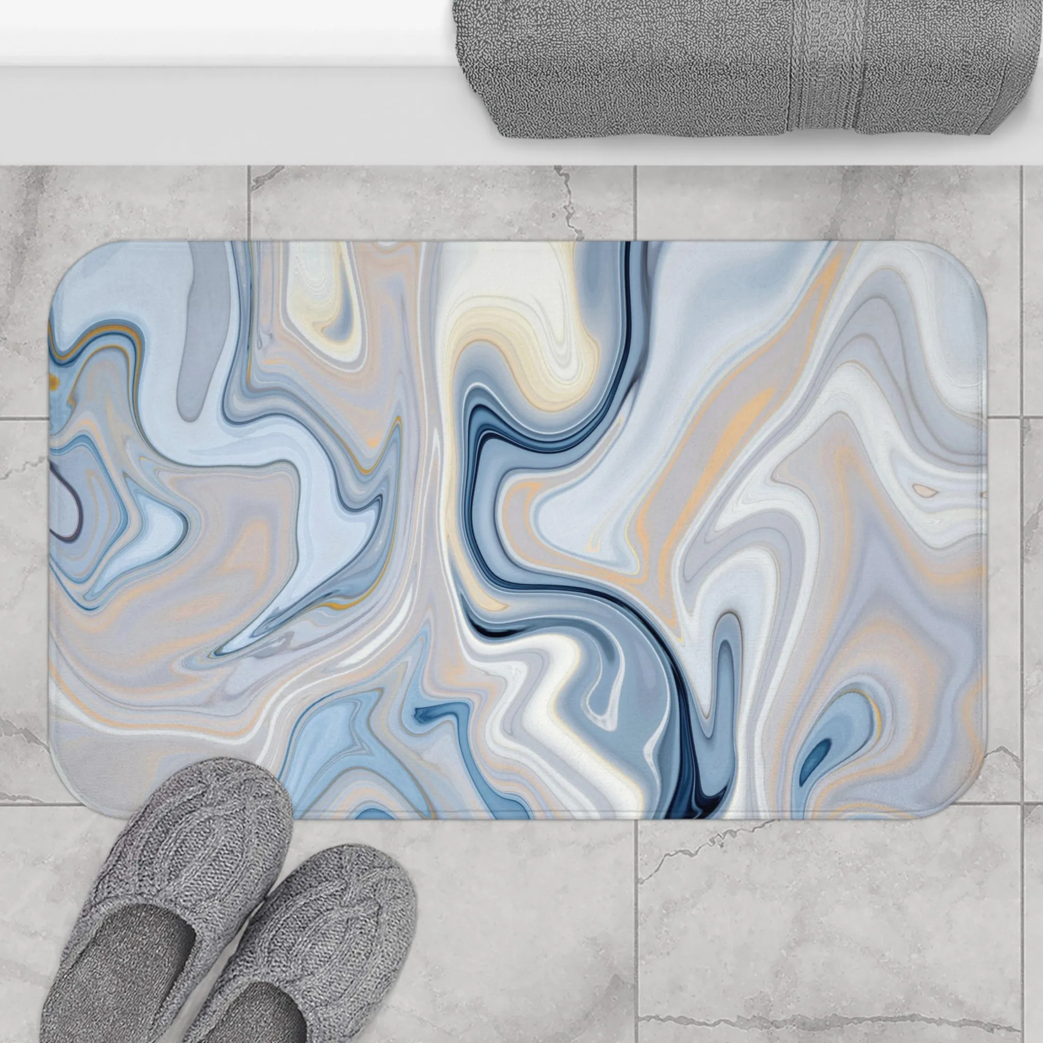 Abstract Boho Bath, Kitchen Mat, Rug | Blue Beige Marble Print