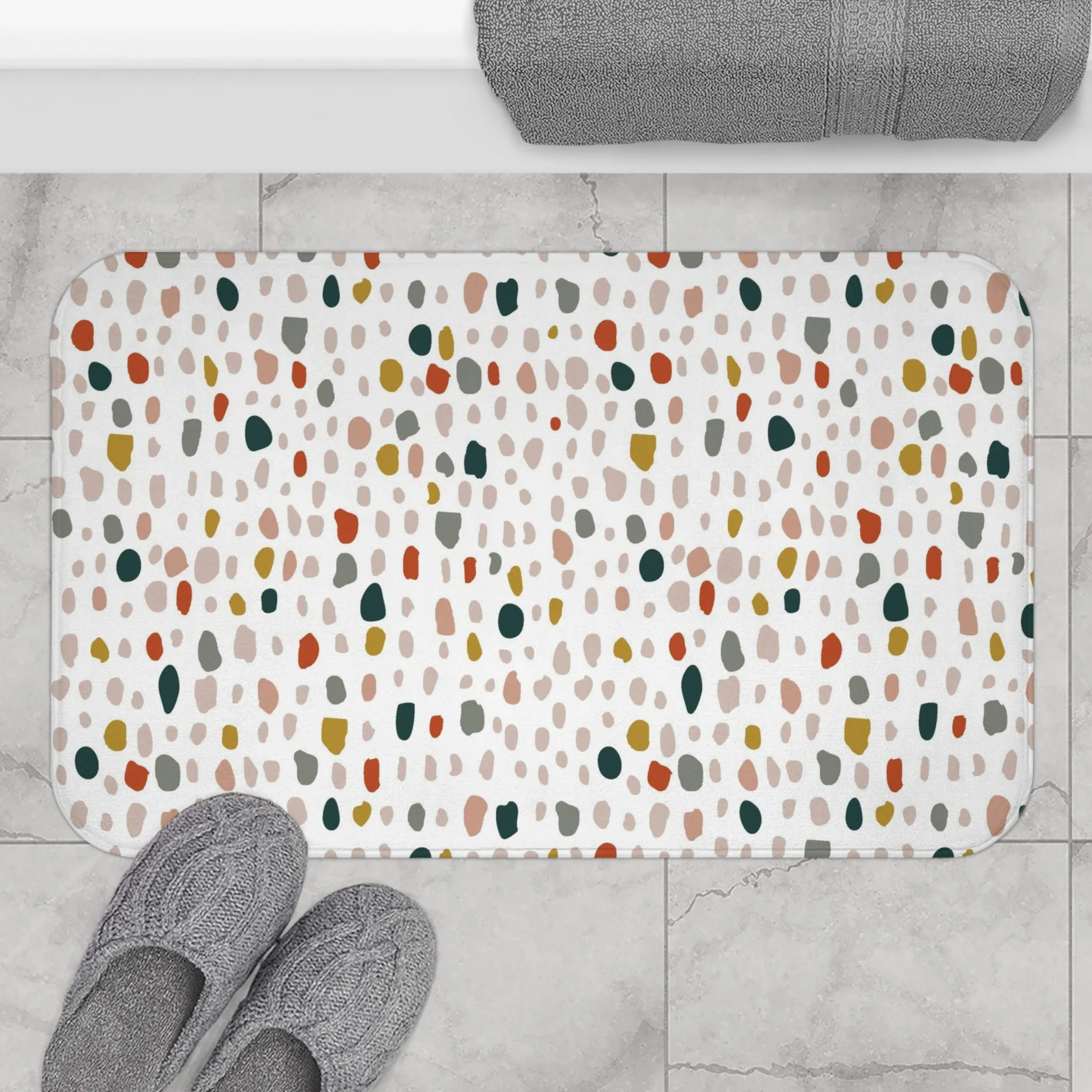 Abstract Boho Bath, Kitchen Mat, Rug | Colorful Blue Rust Yellow Blush Beige