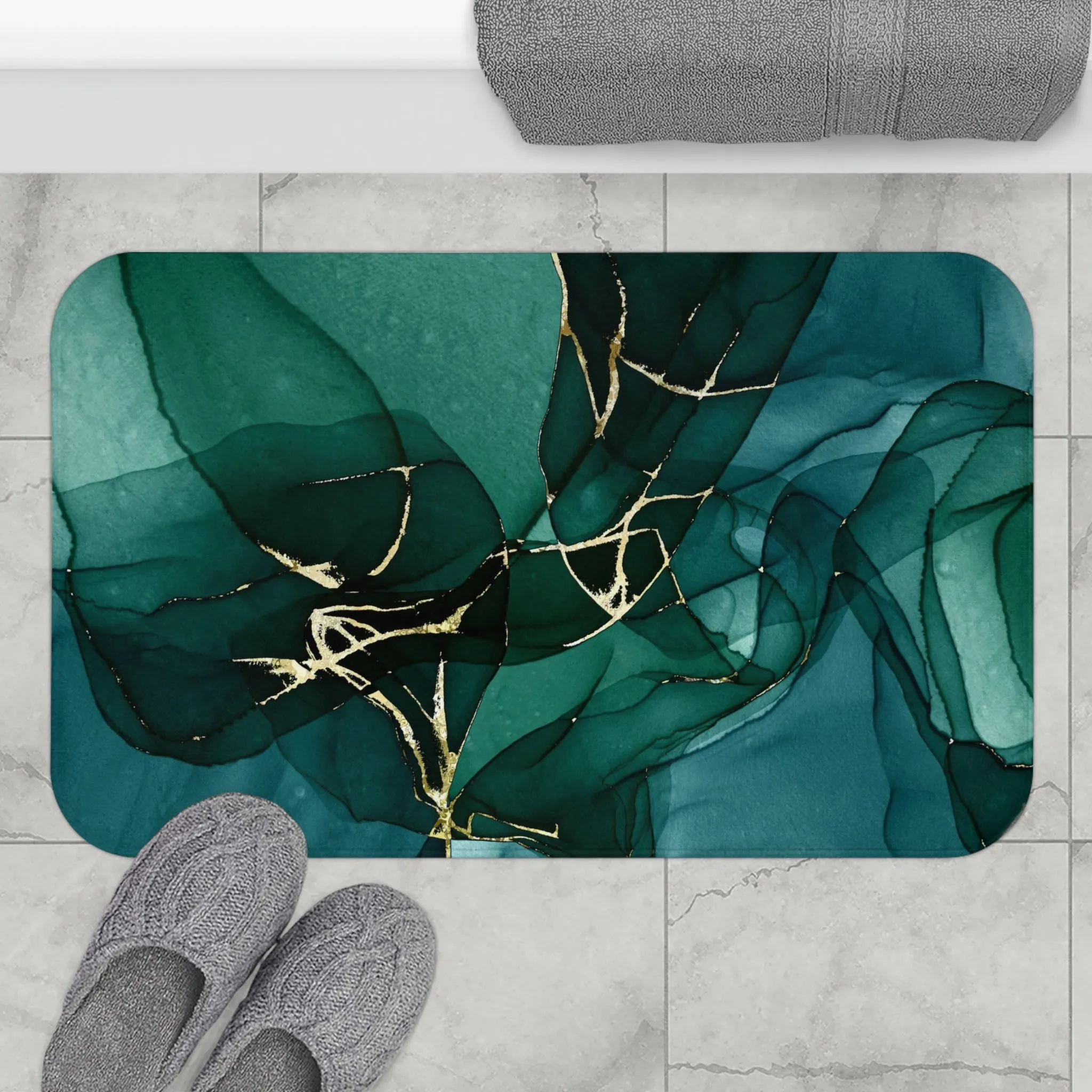 Abstract Boho Bath, Kitchen Mat | Teal Green Navy