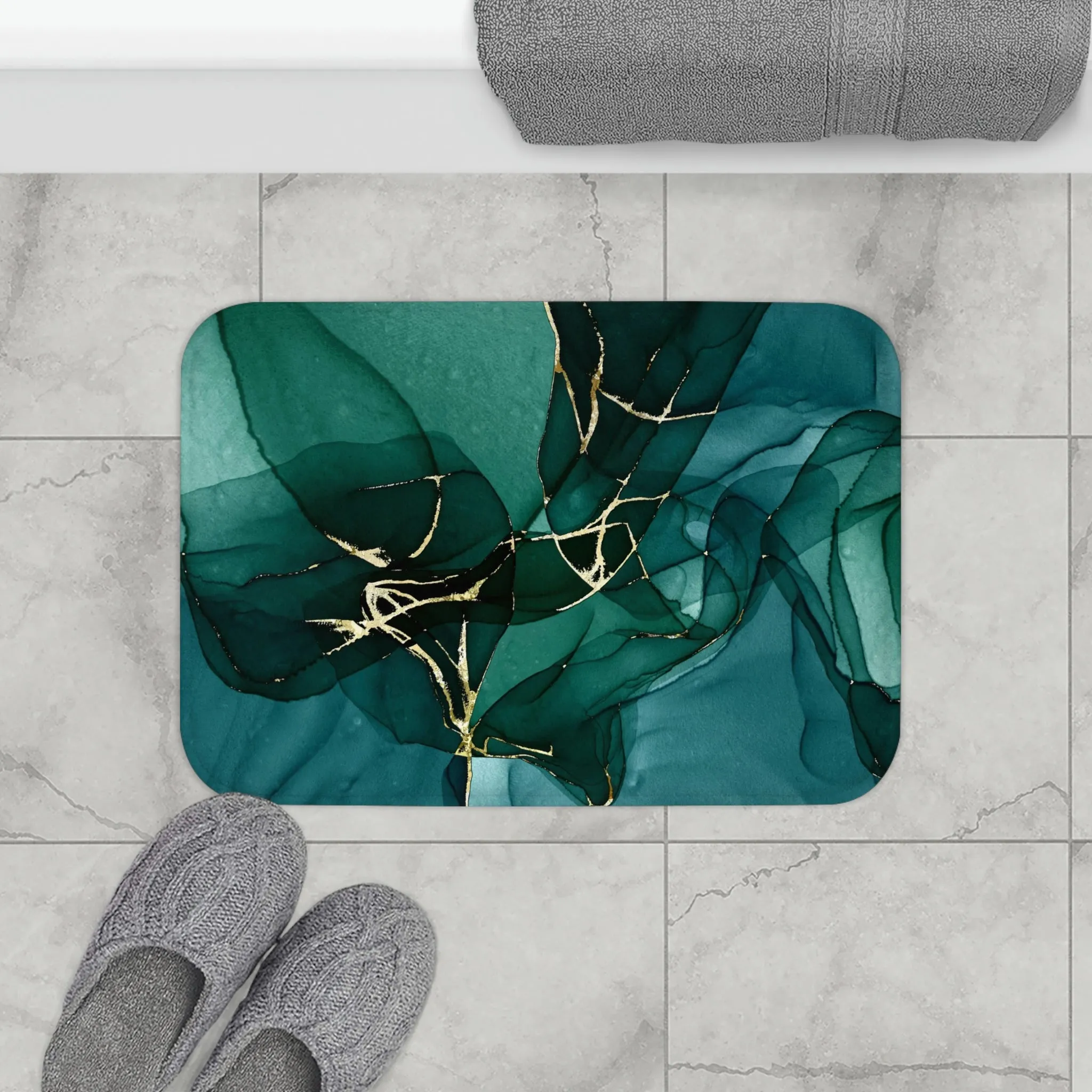 Abstract Boho Bath, Kitchen Mat | Teal Green Navy