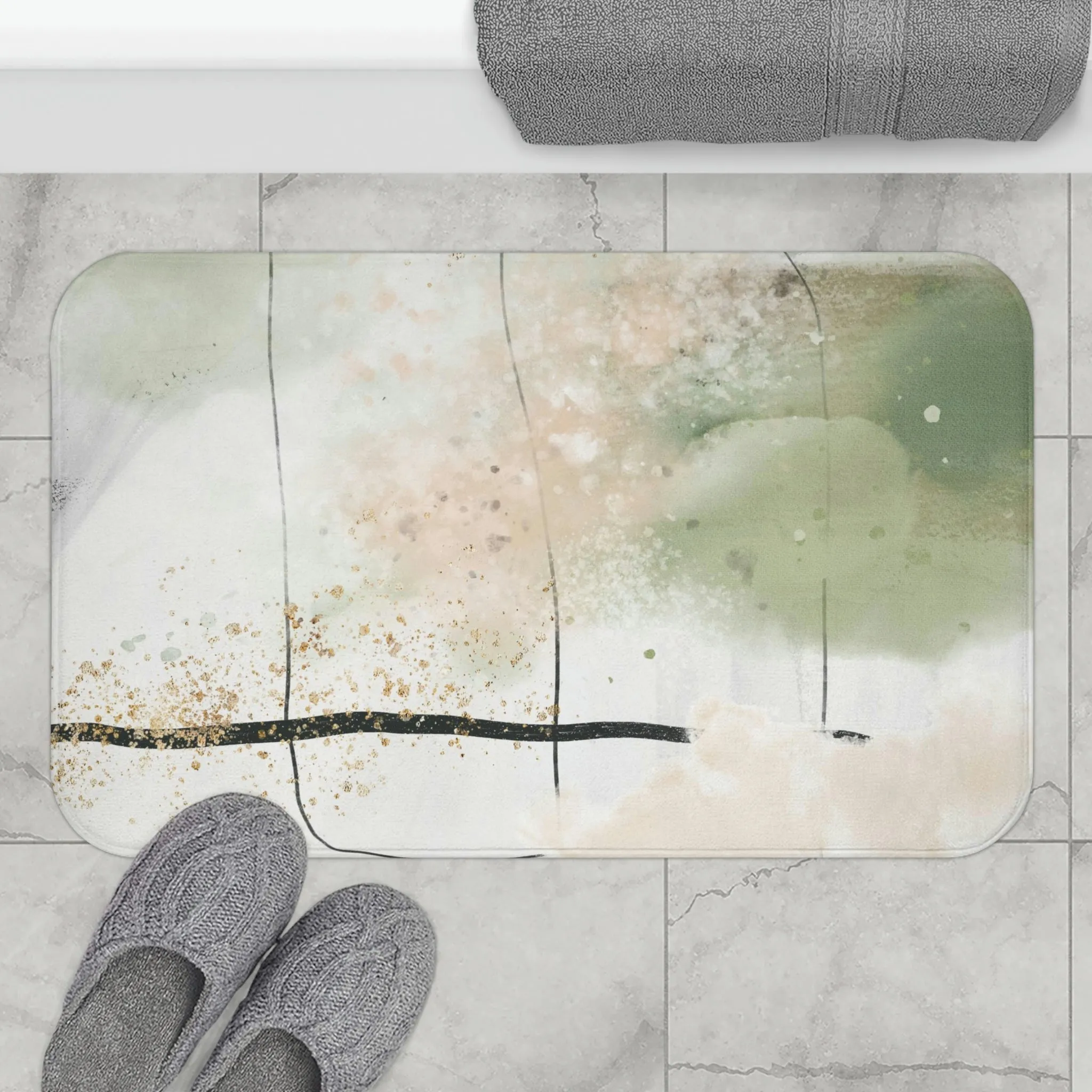 Abstract Boho Bath, Kitchen Mat | White Black Sage Green