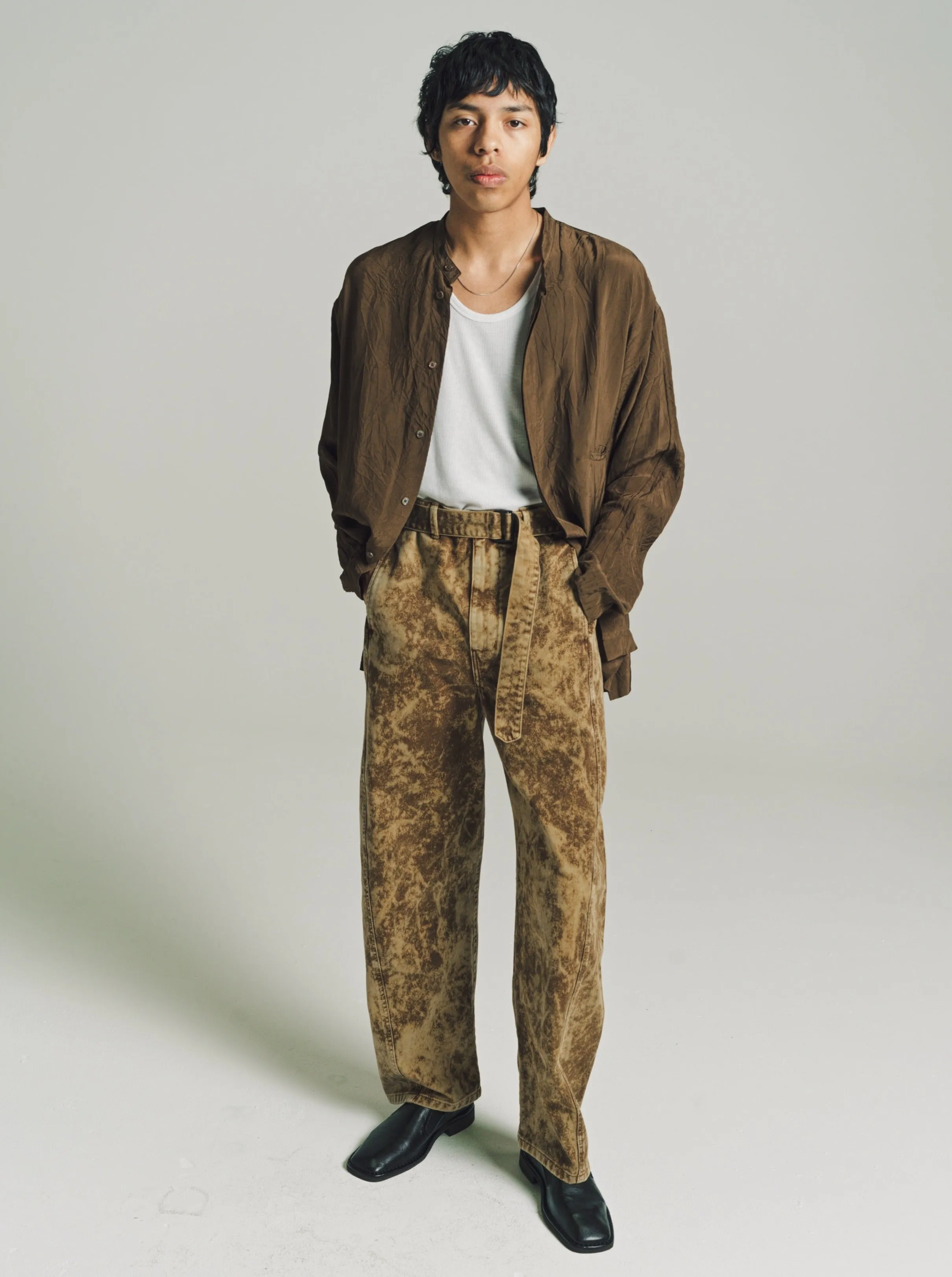 Acid Snow Bronze Denim Twisted Belted Pants