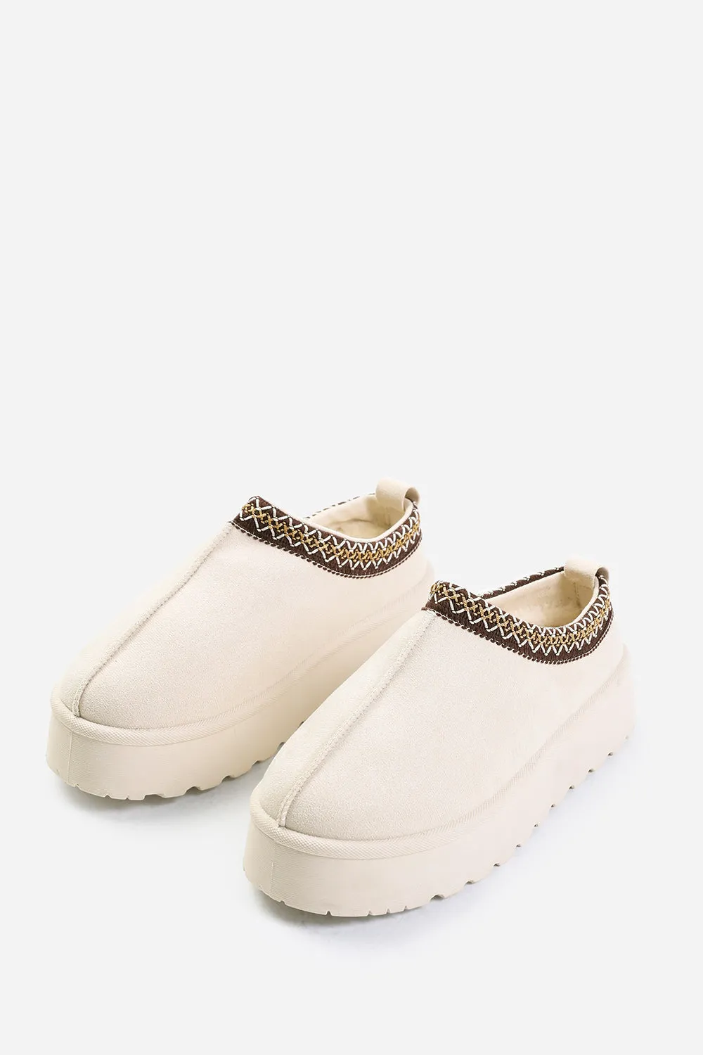 ALLEGRA FLATFORM EMBROIDERED LOW ANKLE SLIPPER BOOTS IN CREAM SUEDE