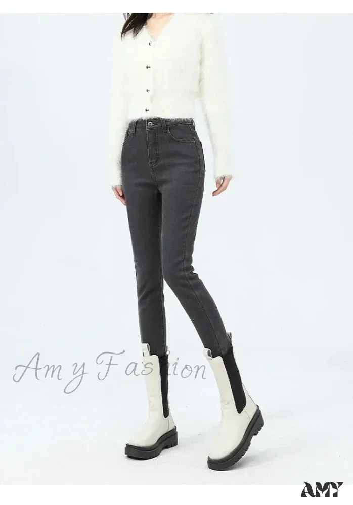 Amy Fashion - 2024 Winter Thermal Warm Plush Stretch Lady Skinny Fleece Women Thicken High Waist Denim Pants Retro Trousers Female Jean