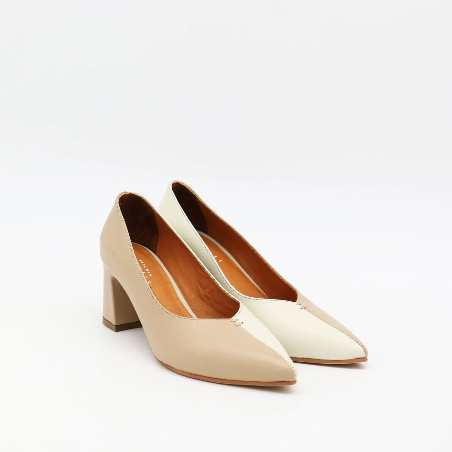 Antoinette block heel pumps in off white/tan leather womens shoes