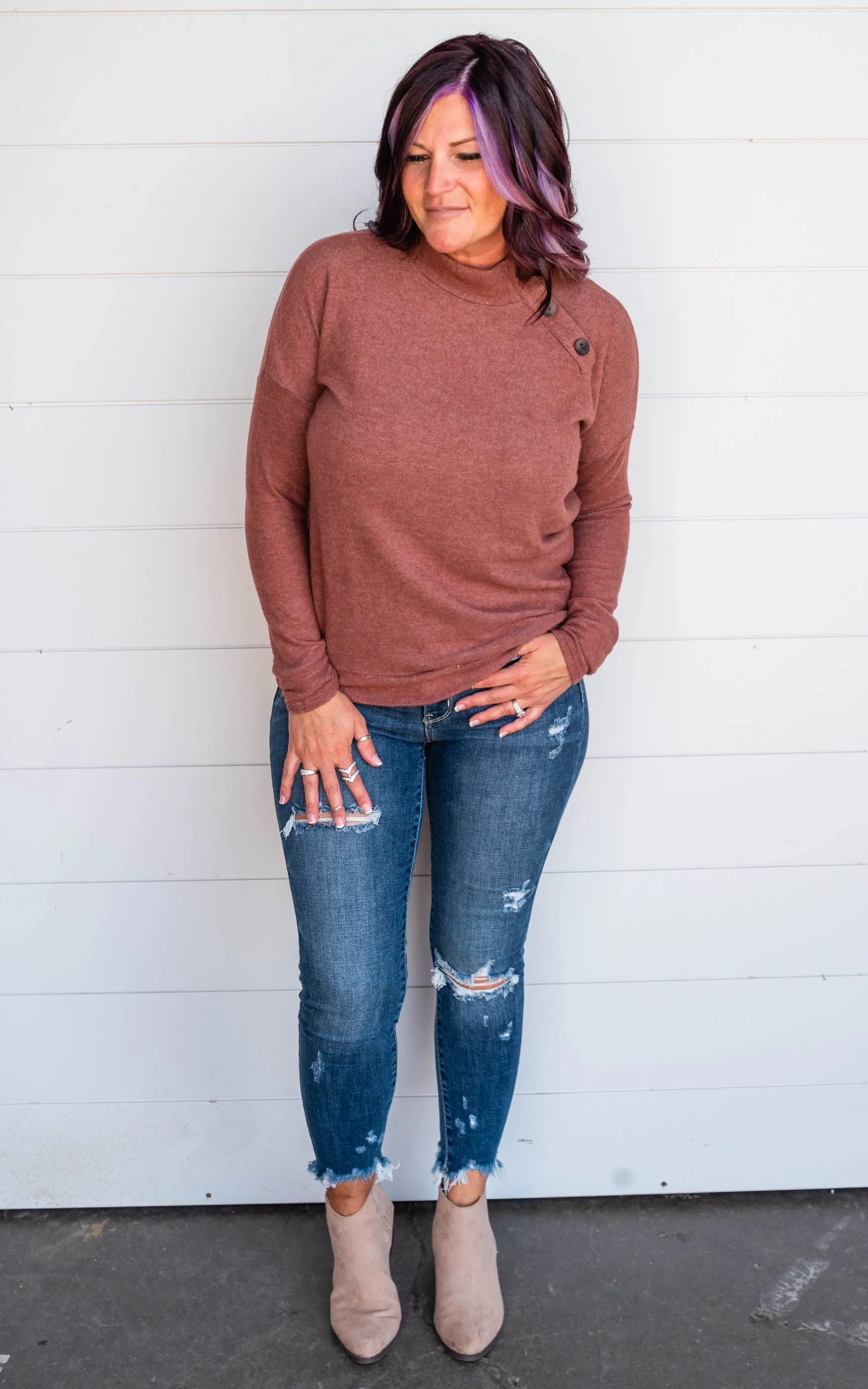 As Long As Autumn Last Mock Neck Button Sweater