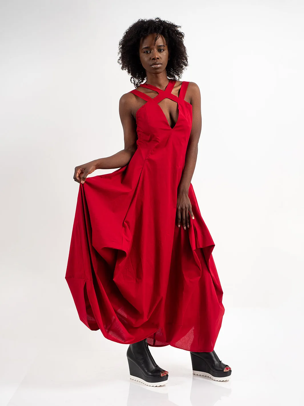 Asymmetric Long Cotton Dress In Red