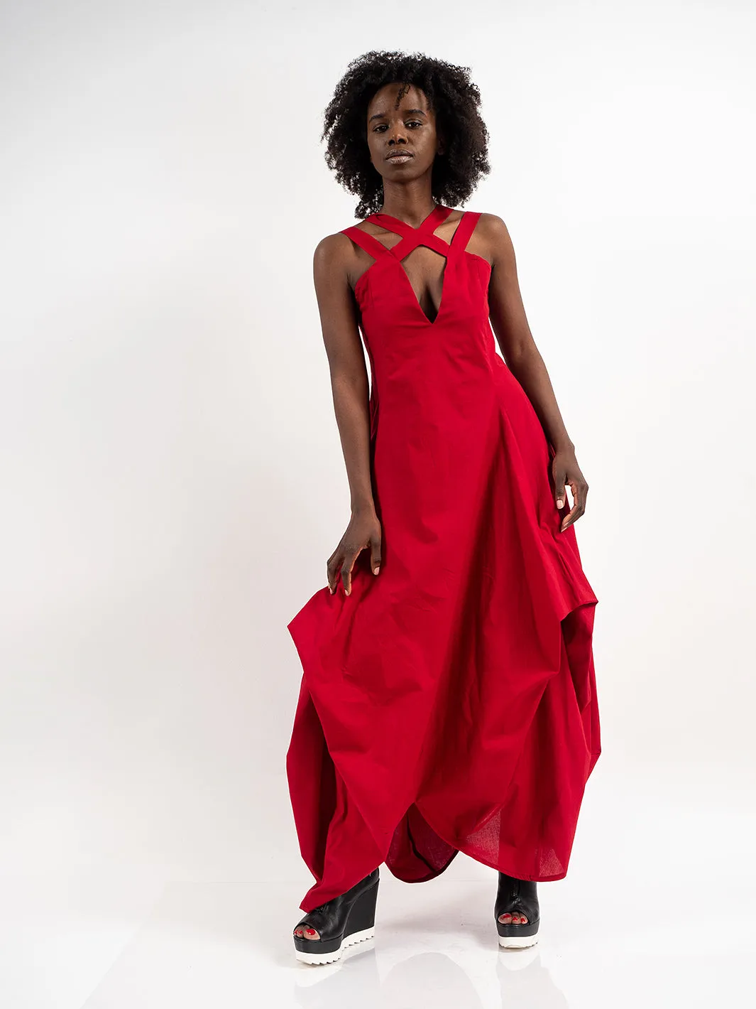 Asymmetric Long Cotton Dress In Red