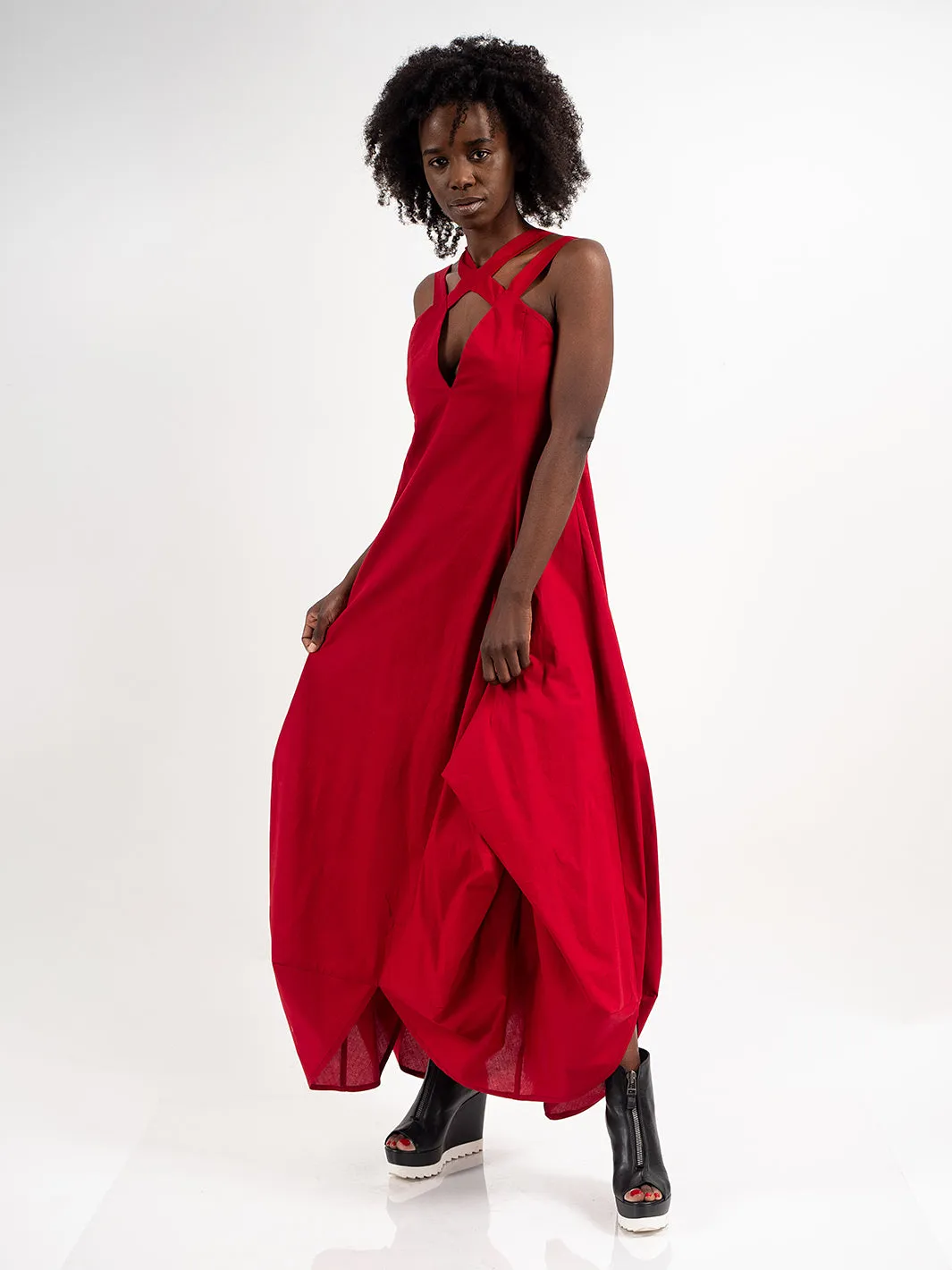 Asymmetric Long Cotton Dress In Red