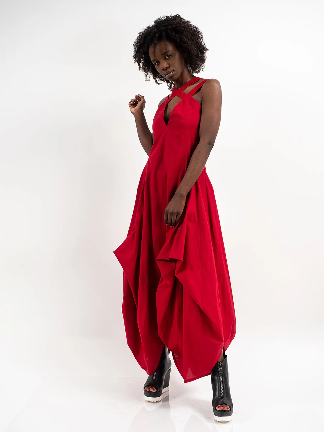 Asymmetric Long Cotton Dress In Red