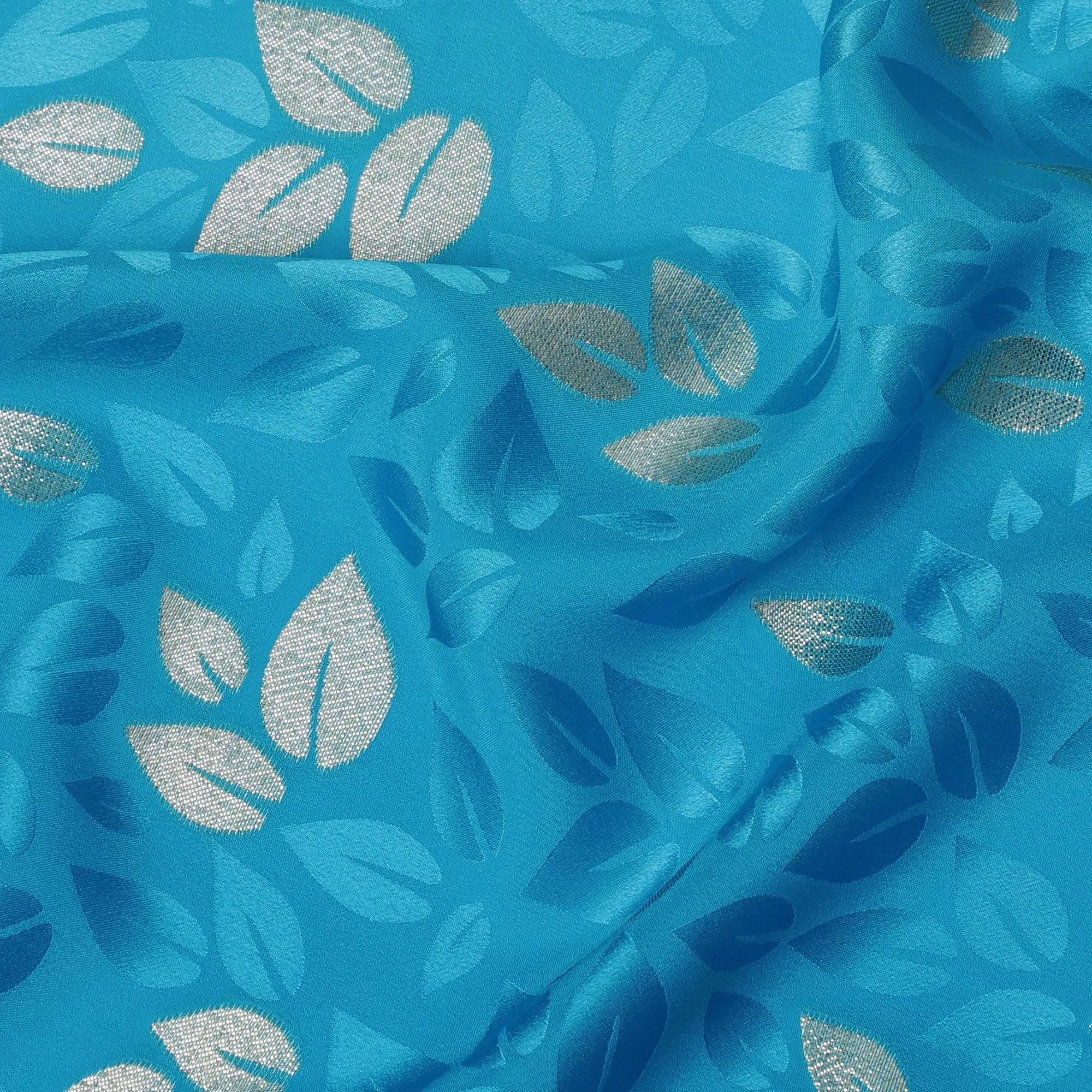 Azure Foliage Silk Satin Fabric - Elegant Leaf Print, 140cm Wide - from South Korea-D18330