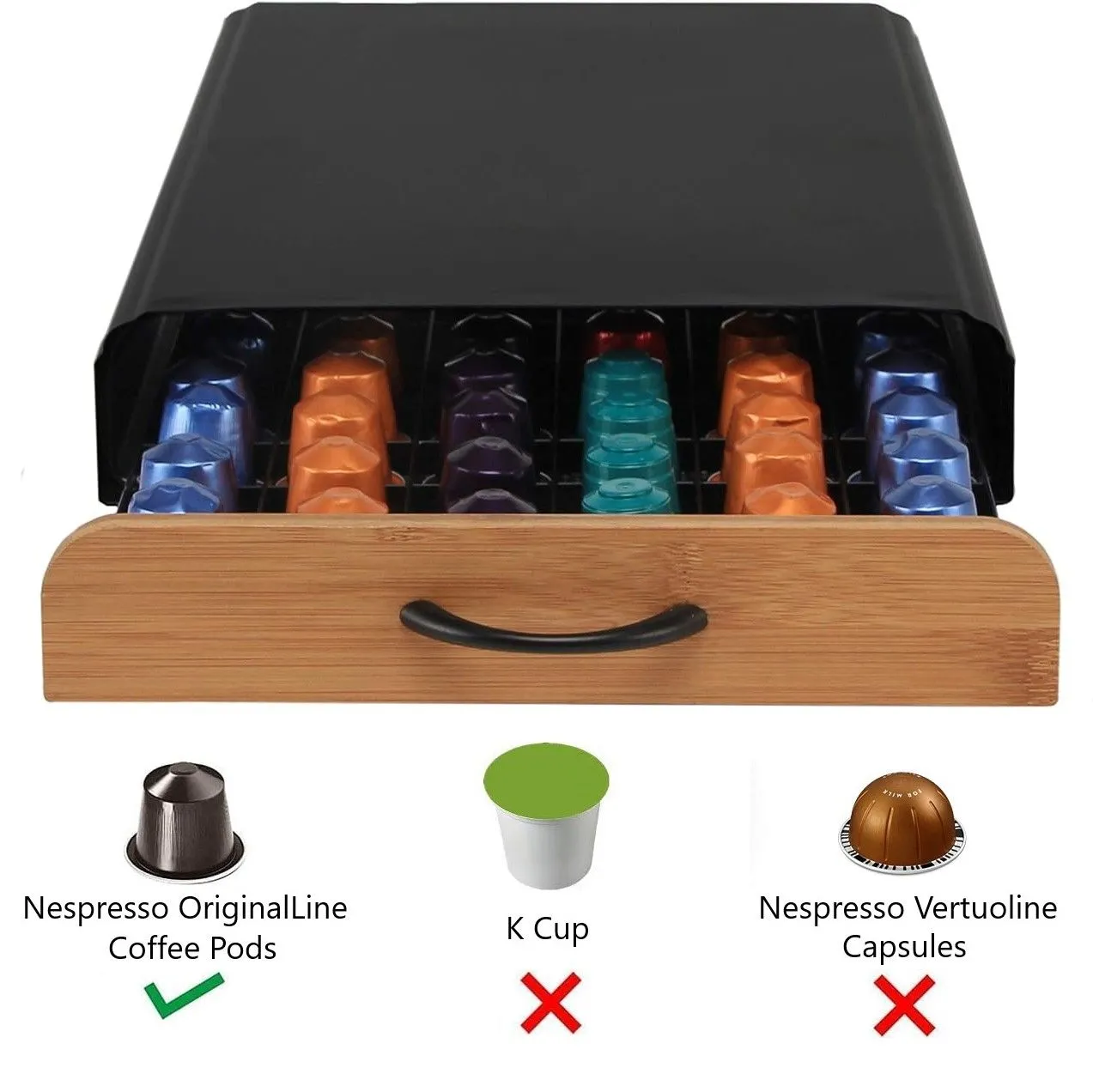 Bamboo Coffee Pods Holder Drawer, 60 Nespresso Capacity, Carla Home