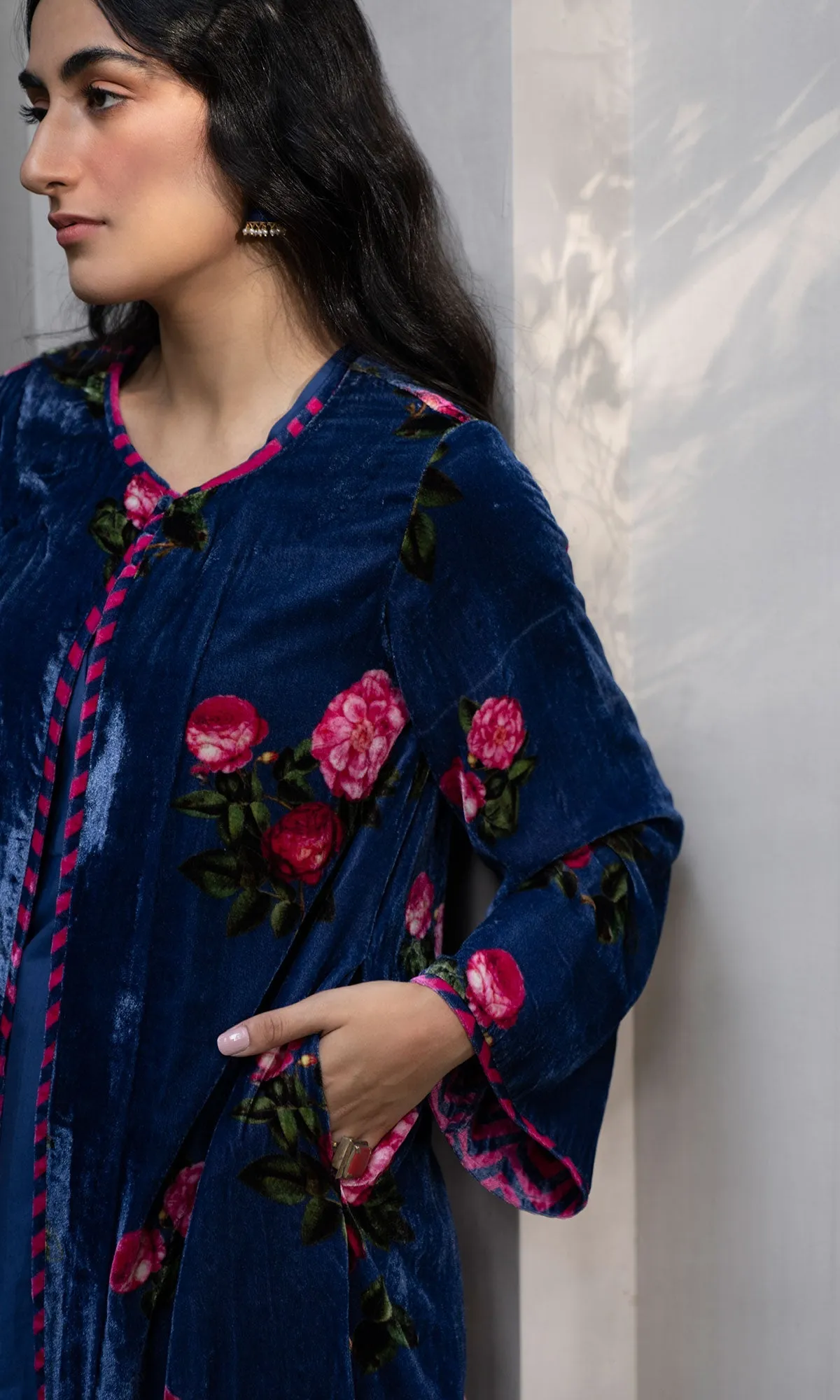 Bareen Silk velvet floral Blue jacket with Kurta and palazzo - Set of 3