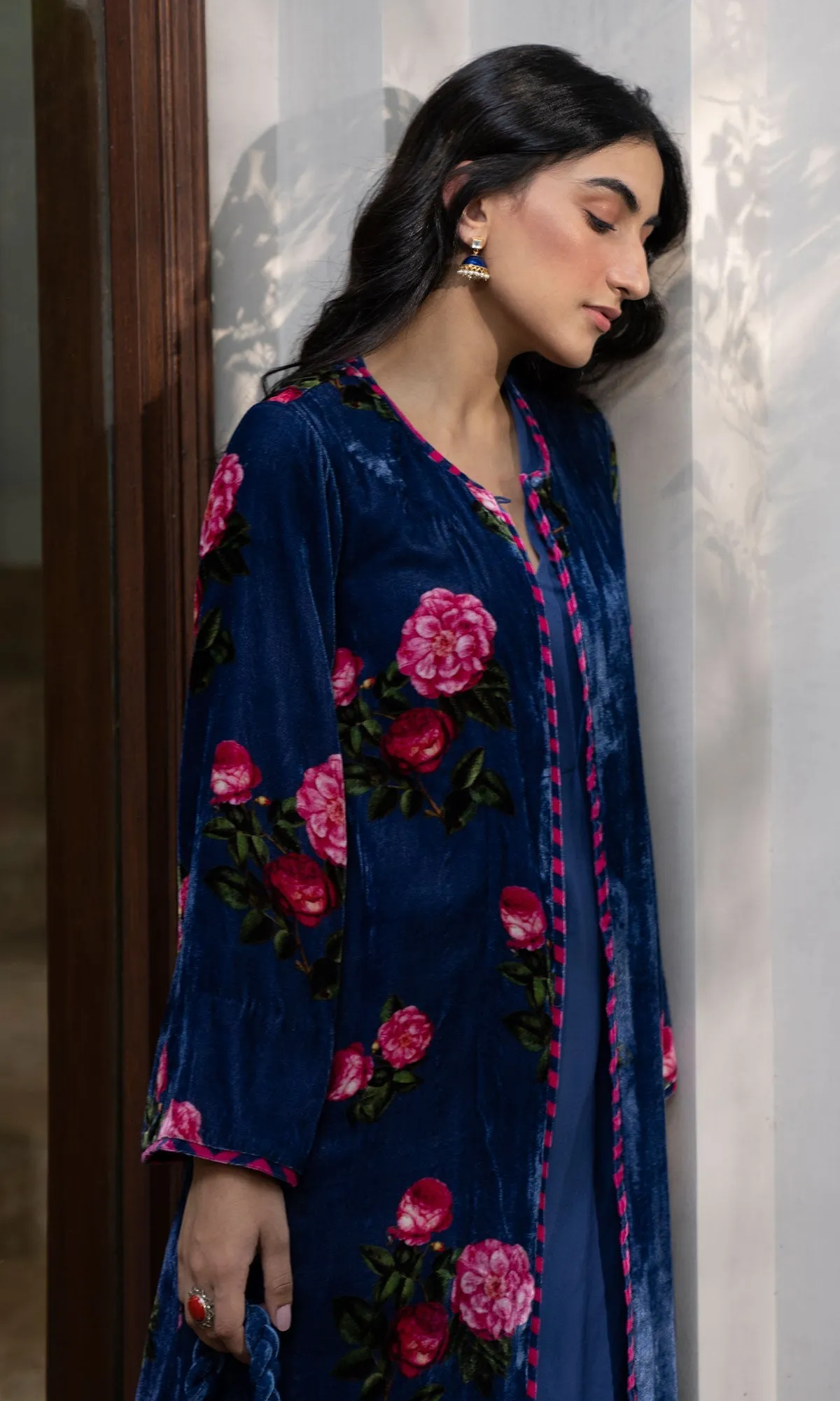 Bareen Silk velvet floral Blue jacket with Kurta and palazzo - Set of 3