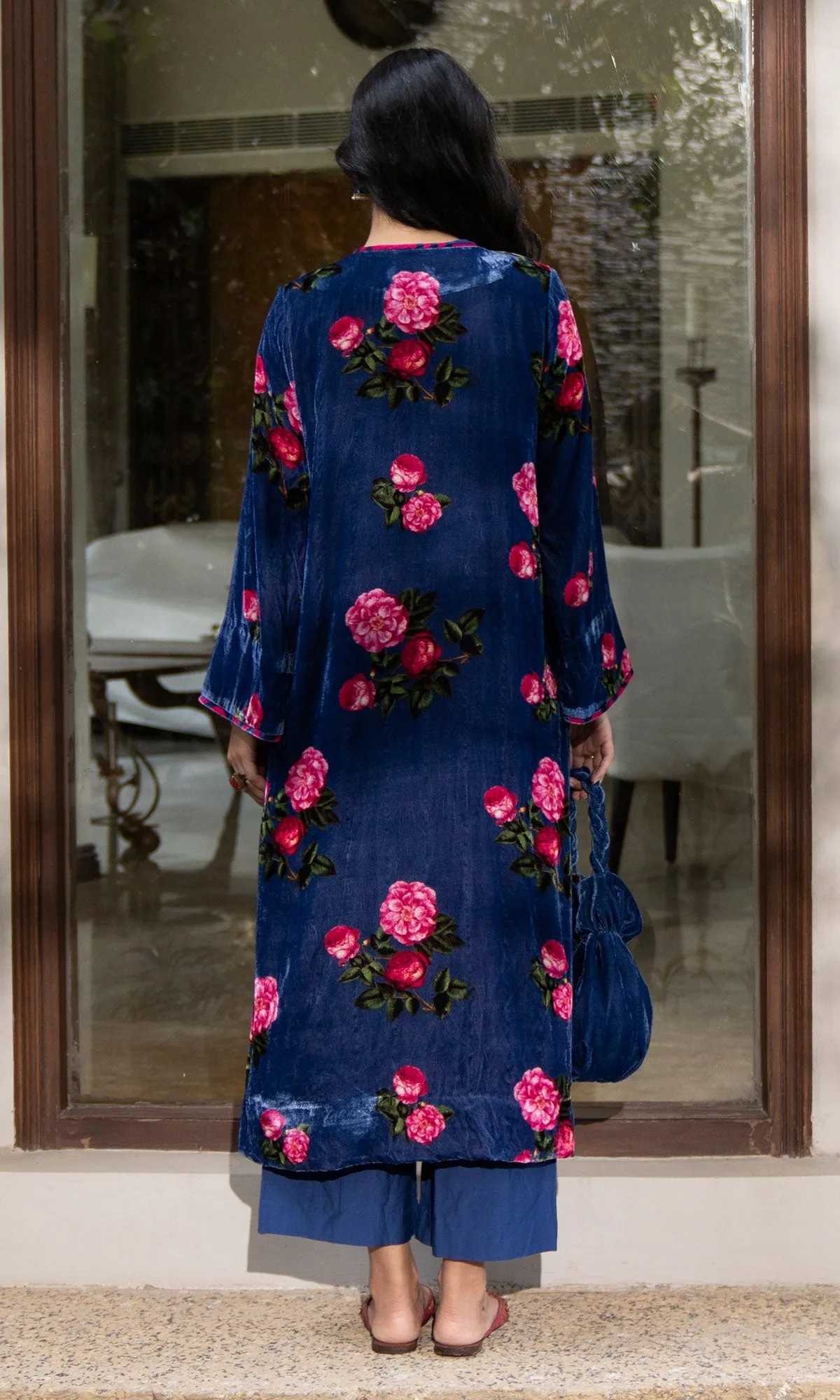 Bareen Silk velvet floral Blue jacket with Kurta and palazzo - Set of 3