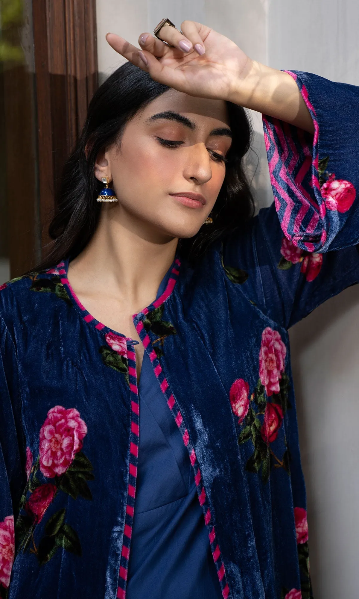 Bareen Silk velvet floral Blue jacket with Kurta and palazzo - Set of 3