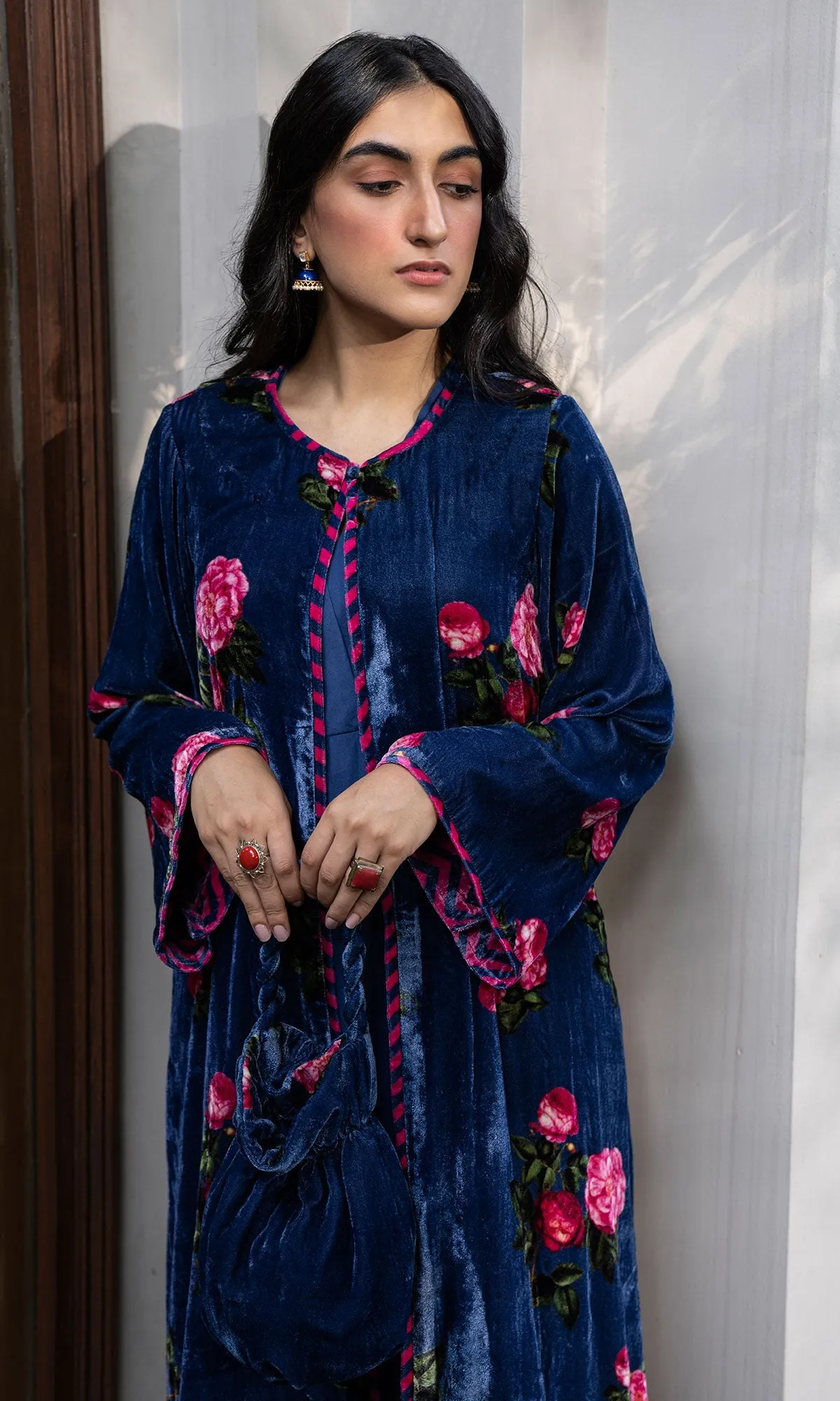 Bareen Silk velvet floral Blue jacket with Kurta and palazzo - Set of 3