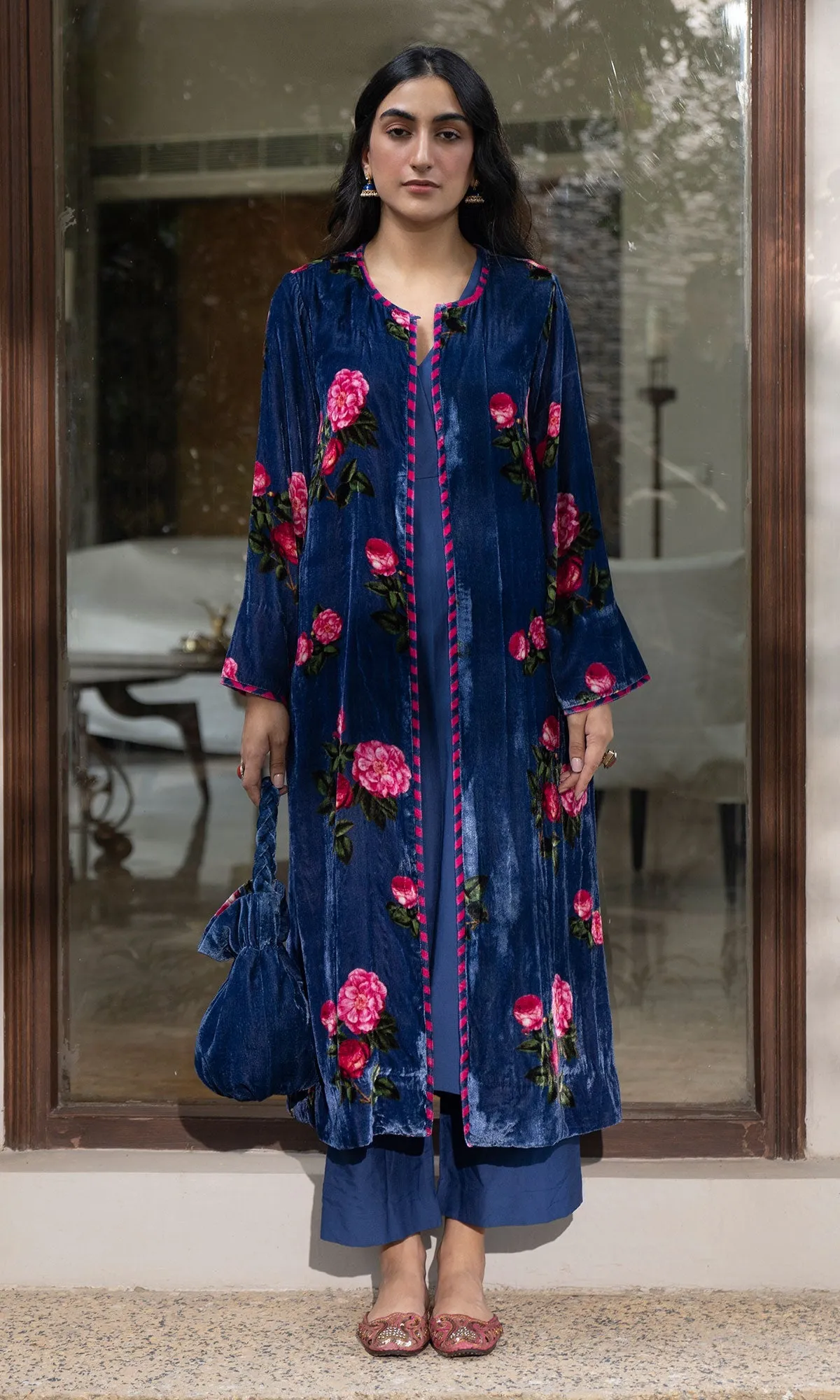 Bareen Silk velvet floral Blue jacket with Kurta and palazzo - Set of 3