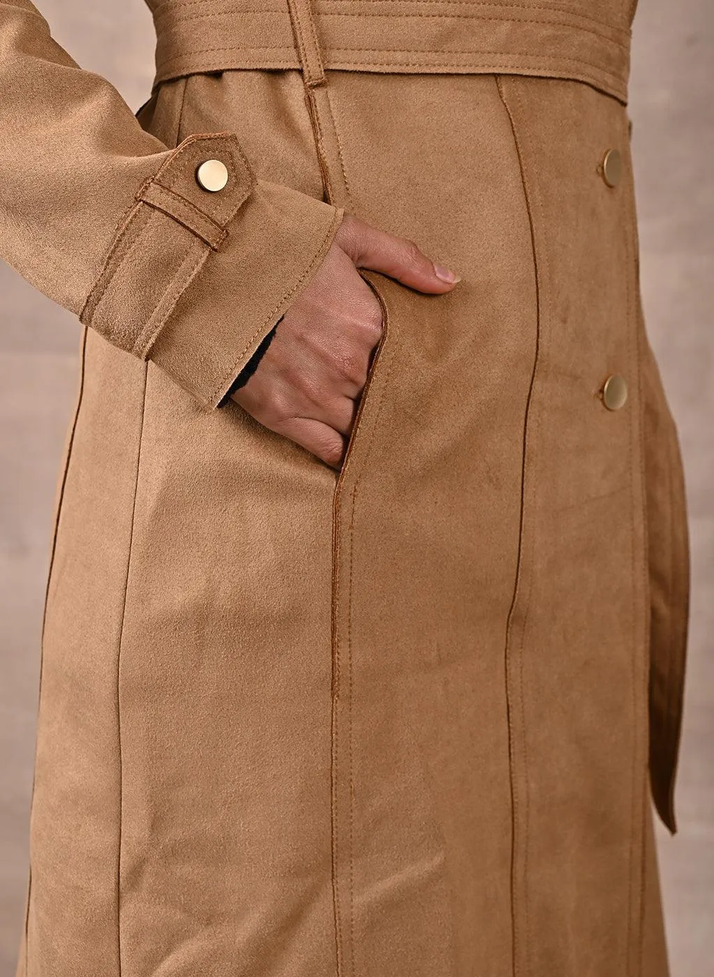 Beige Full Sleeve Tie Belt Trench Coat