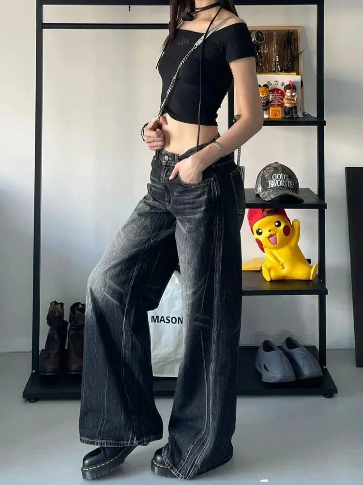 Black Baggy Jeans Women Vintage Oversize Old Wide Leg Denim Pants