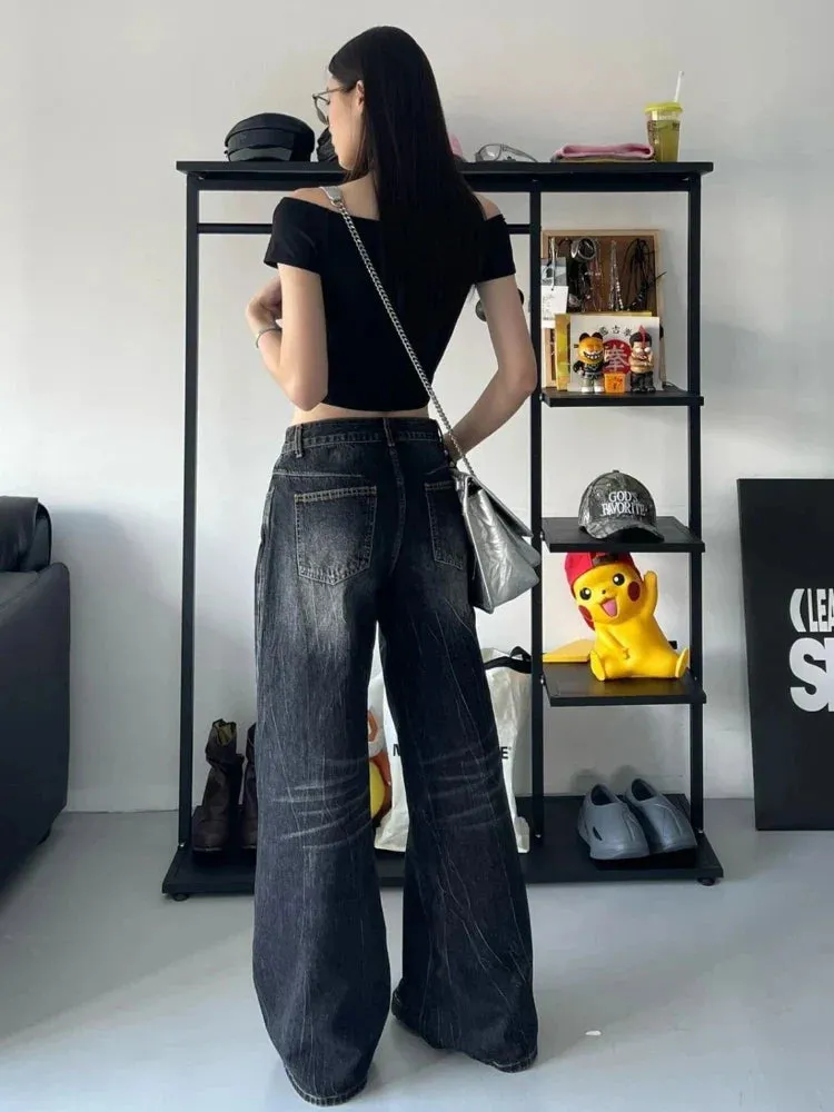 Black Baggy Jeans Women Vintage Oversize Old Wide Leg Denim Pants