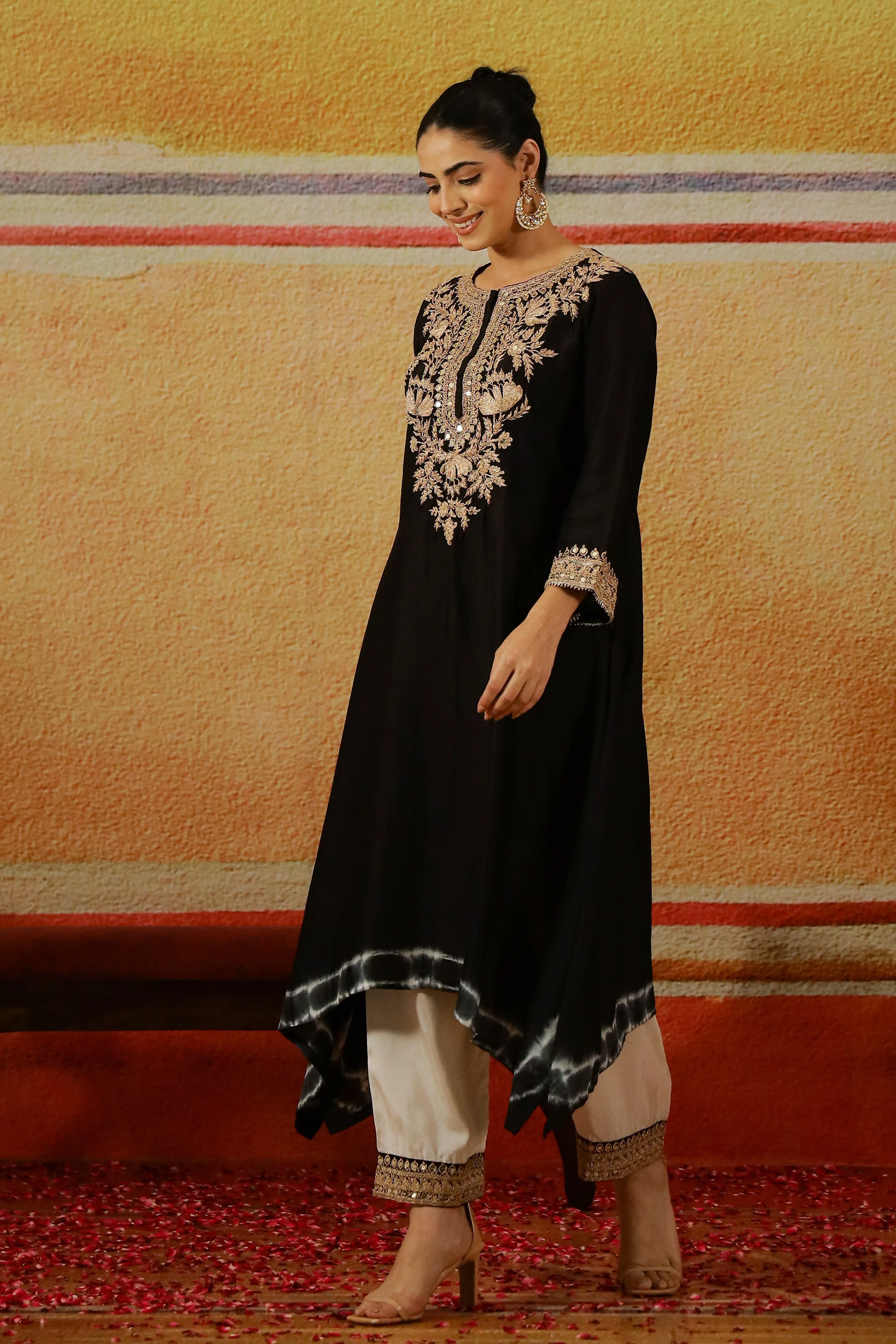 Black Embroidered German Silk Palazzo Set