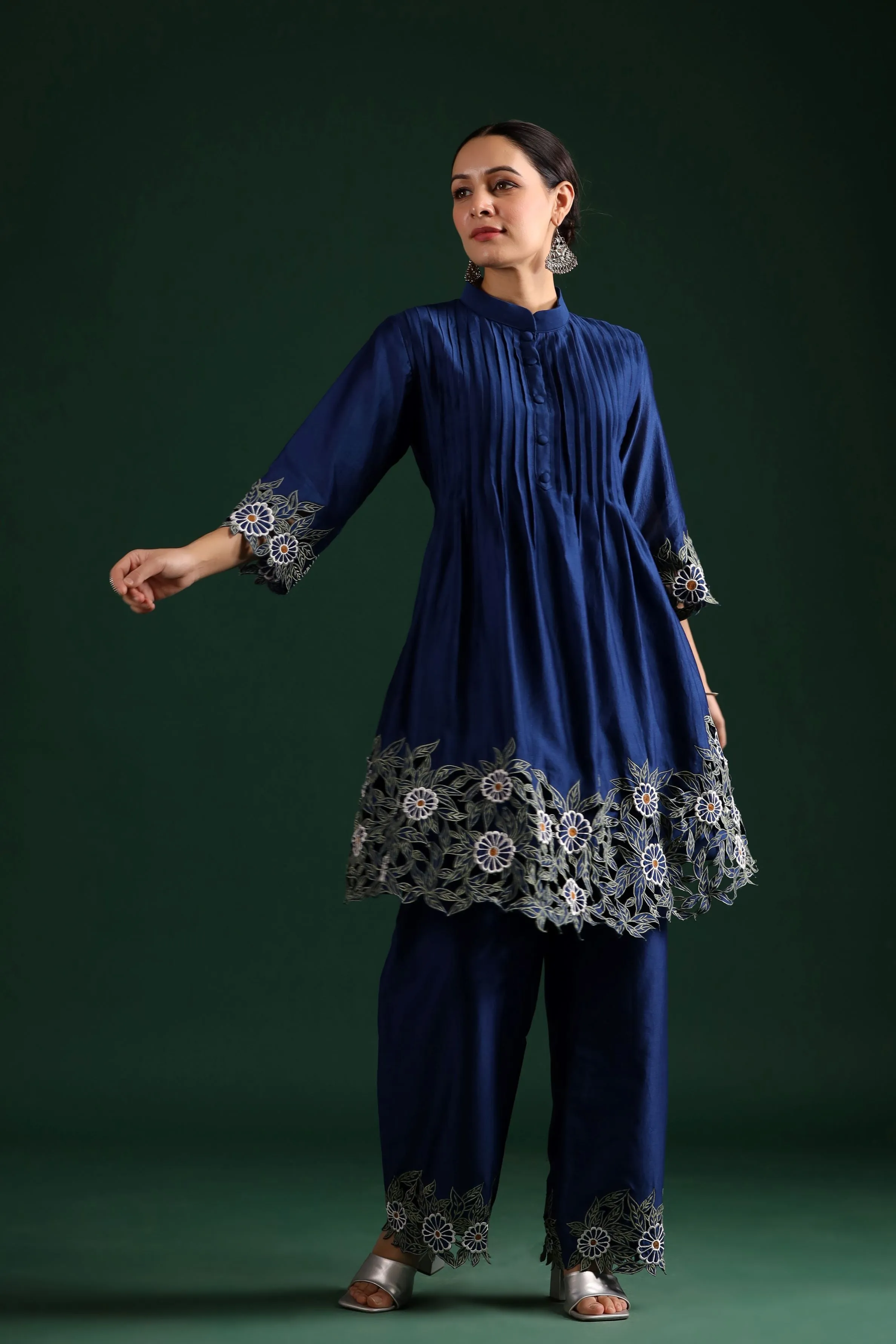 Blue Cut Work Chanderi Silk Pants Set