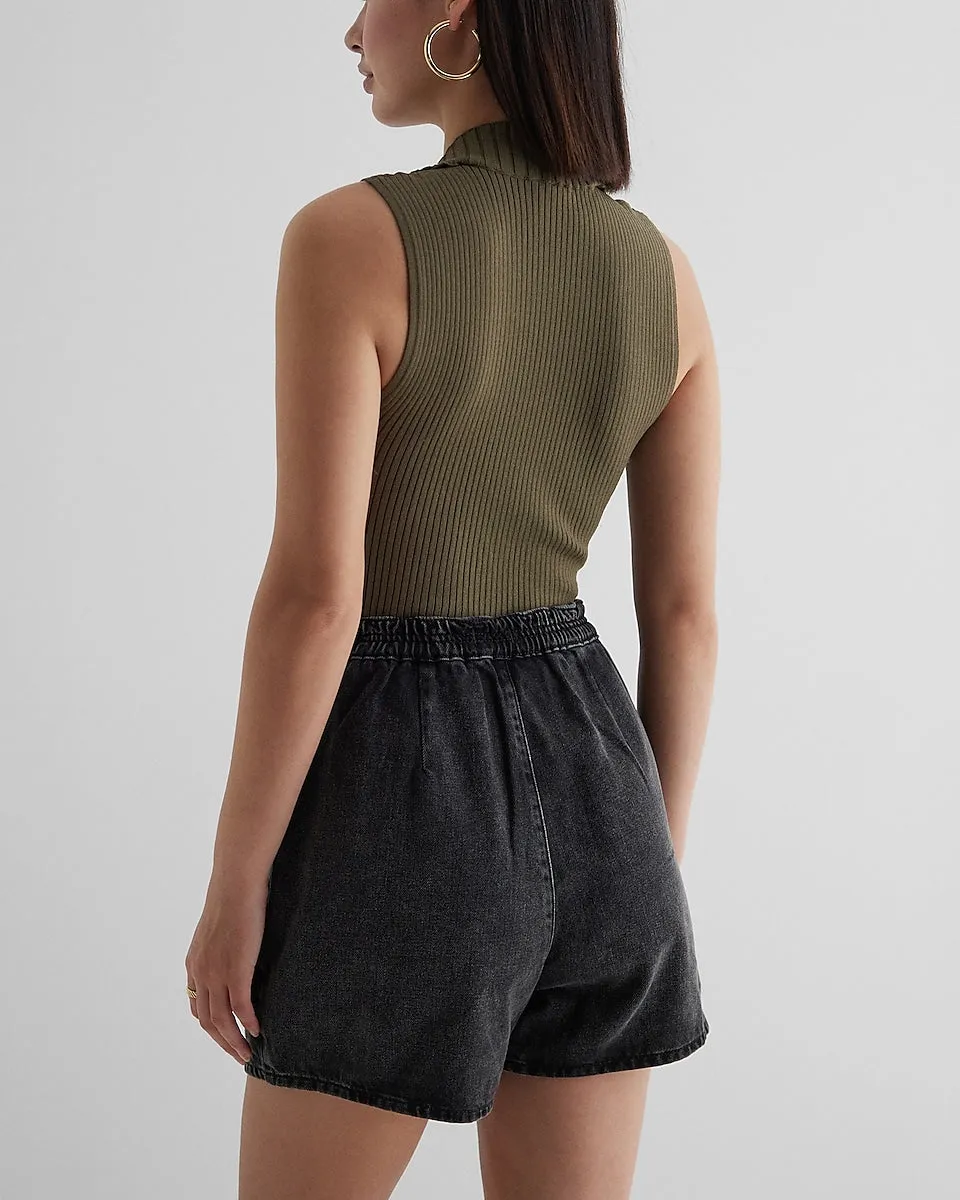 Body Contour Ribbed High Neck Sweater Tank in Green Gold