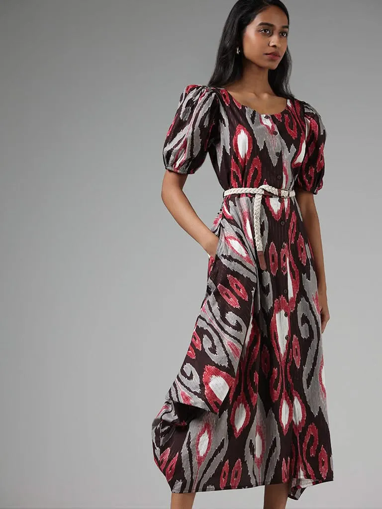 Bombay Paisley Maroon Ikat Printed Dress with Braided Belt