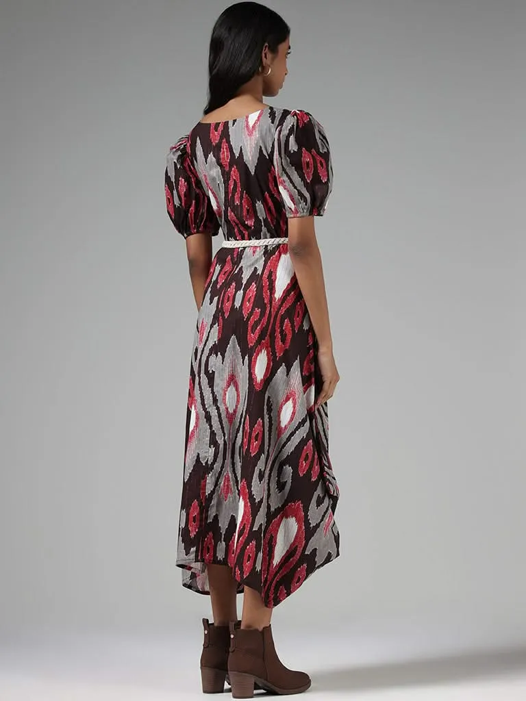 Bombay Paisley Maroon Ikat Printed Dress with Braided Belt