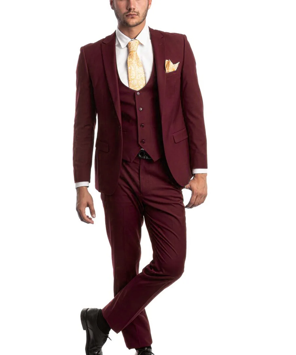 Burgundy Slim Fit Men's Suit with Vest Set