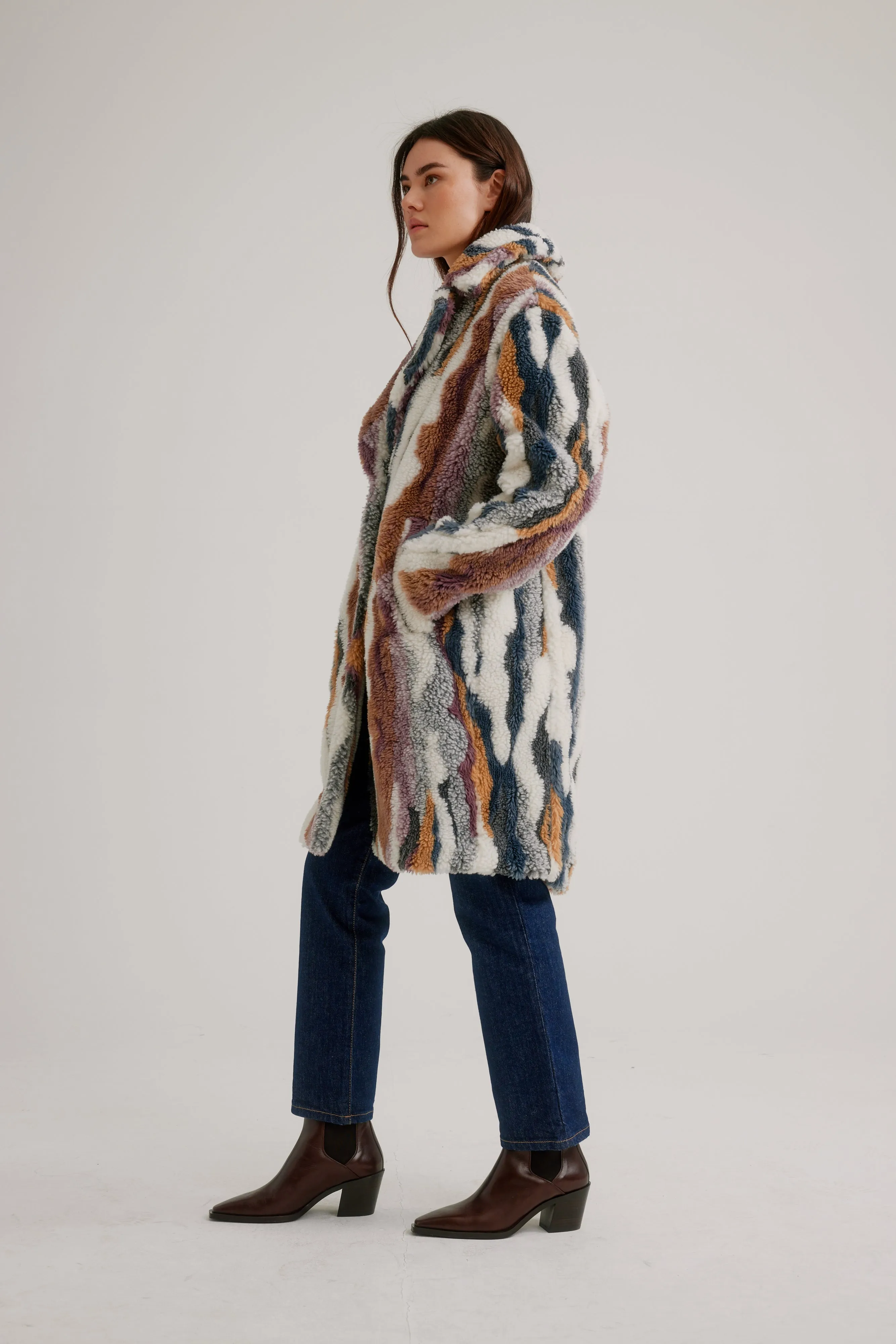 Button Front Multi-Colored Faux Fur Coat