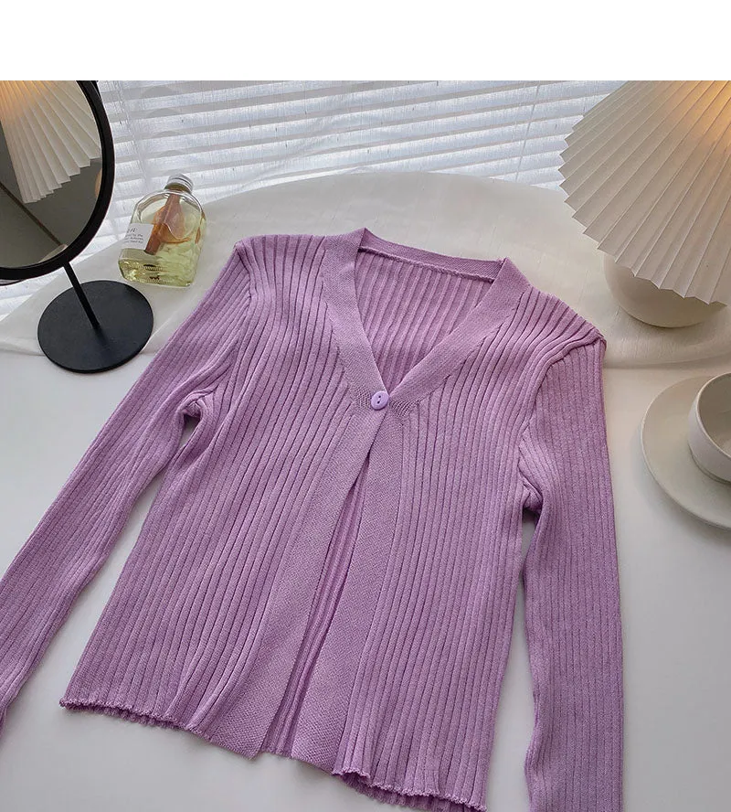 Candy V-neck one button cardigan versatile long sleeve short top  6534